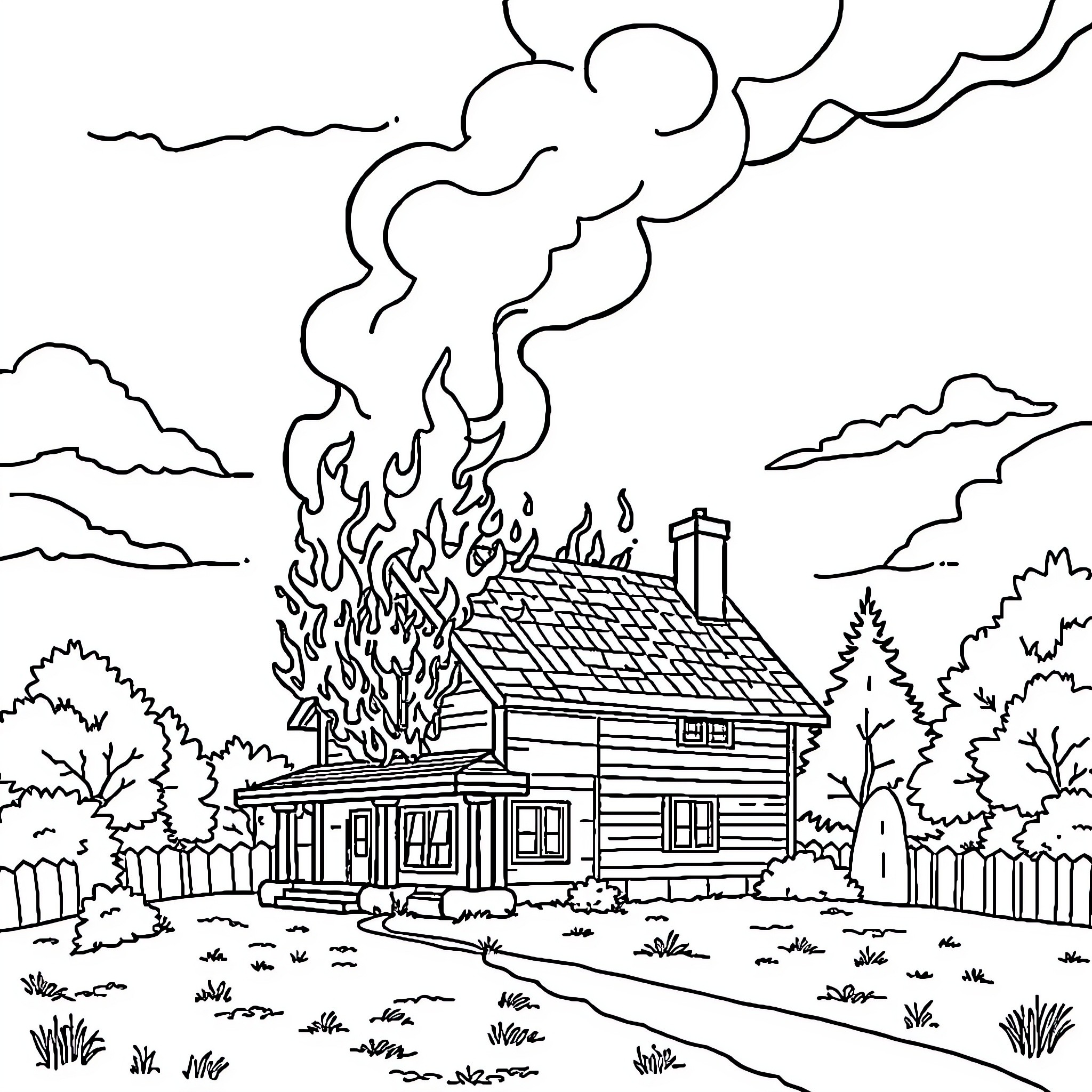 House engulfed in flames with smoke billowing Coloring Page (free black-and-white line drawing printable PDF for all, from beginners to advanced learners, including children, teens, adults, and seniors)