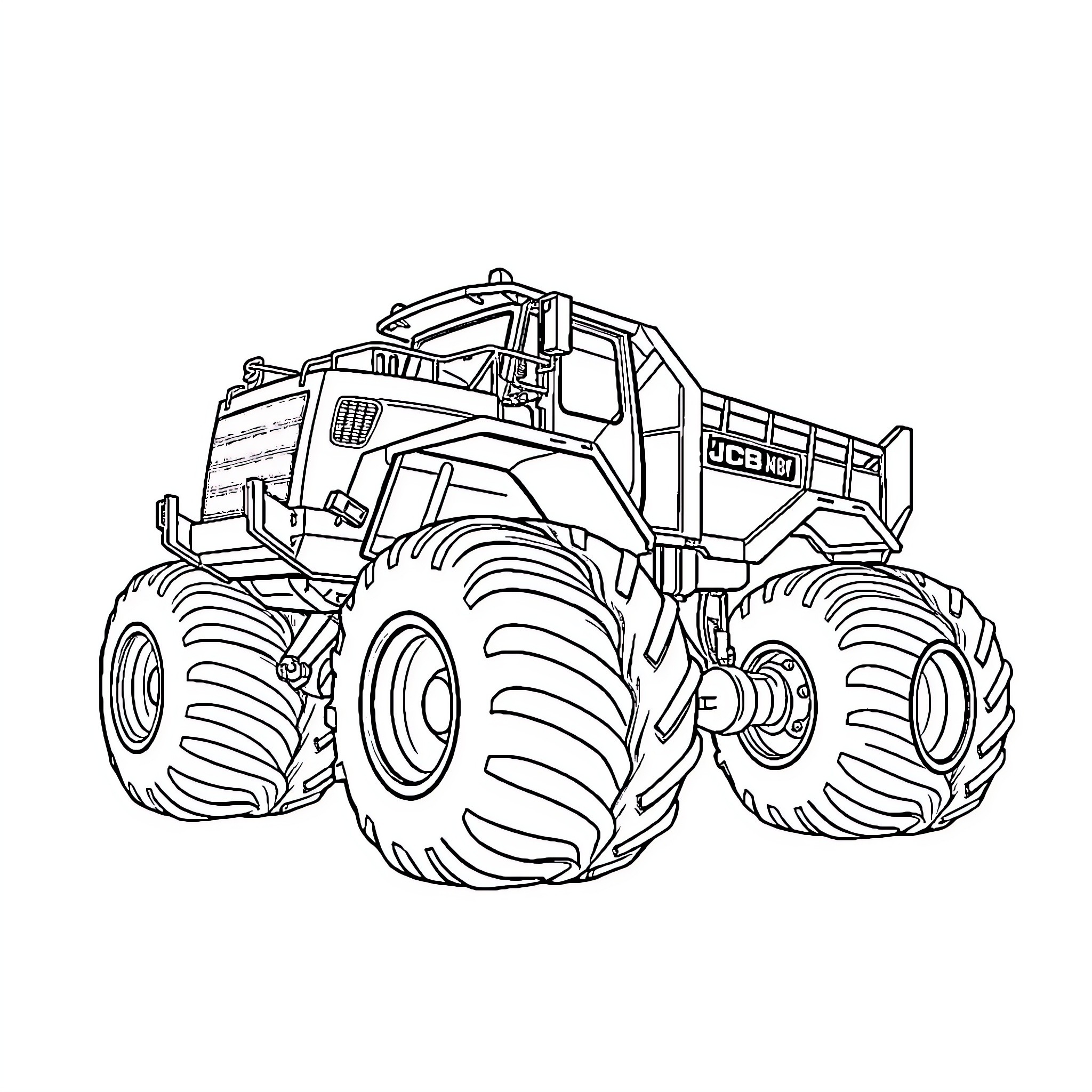 Monster Truck Crushing and Stomping in Action Coloring Page (free black-and-white line drawing printable PDF for all, from beginners to advanced learners, including children, teens, adults, and seniors)
