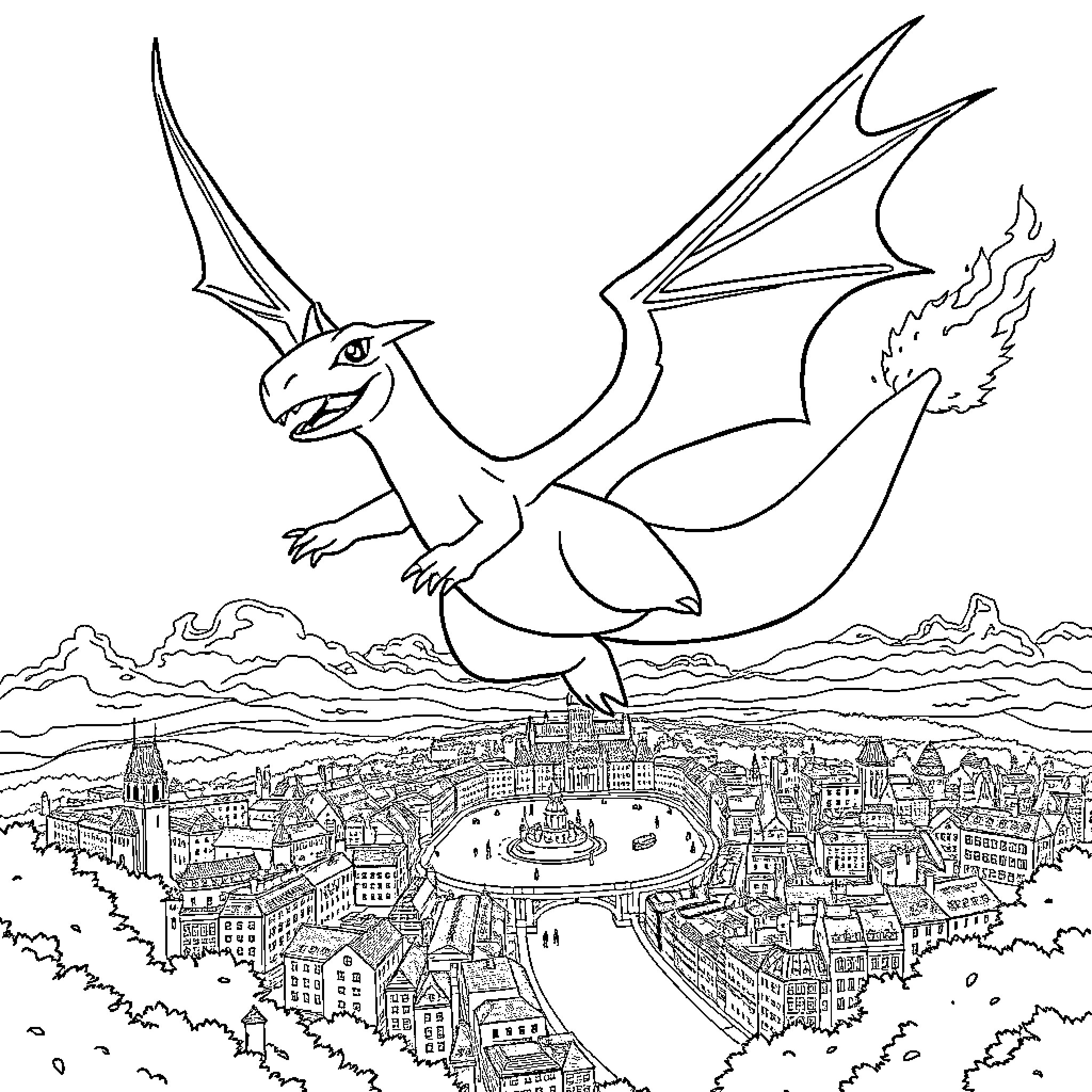 Charizard soaring above the city skyline Coloring Page (free black-and-white line drawing printable PDF for all, from beginners to advanced learners, including children, teens, adults, and seniors)
