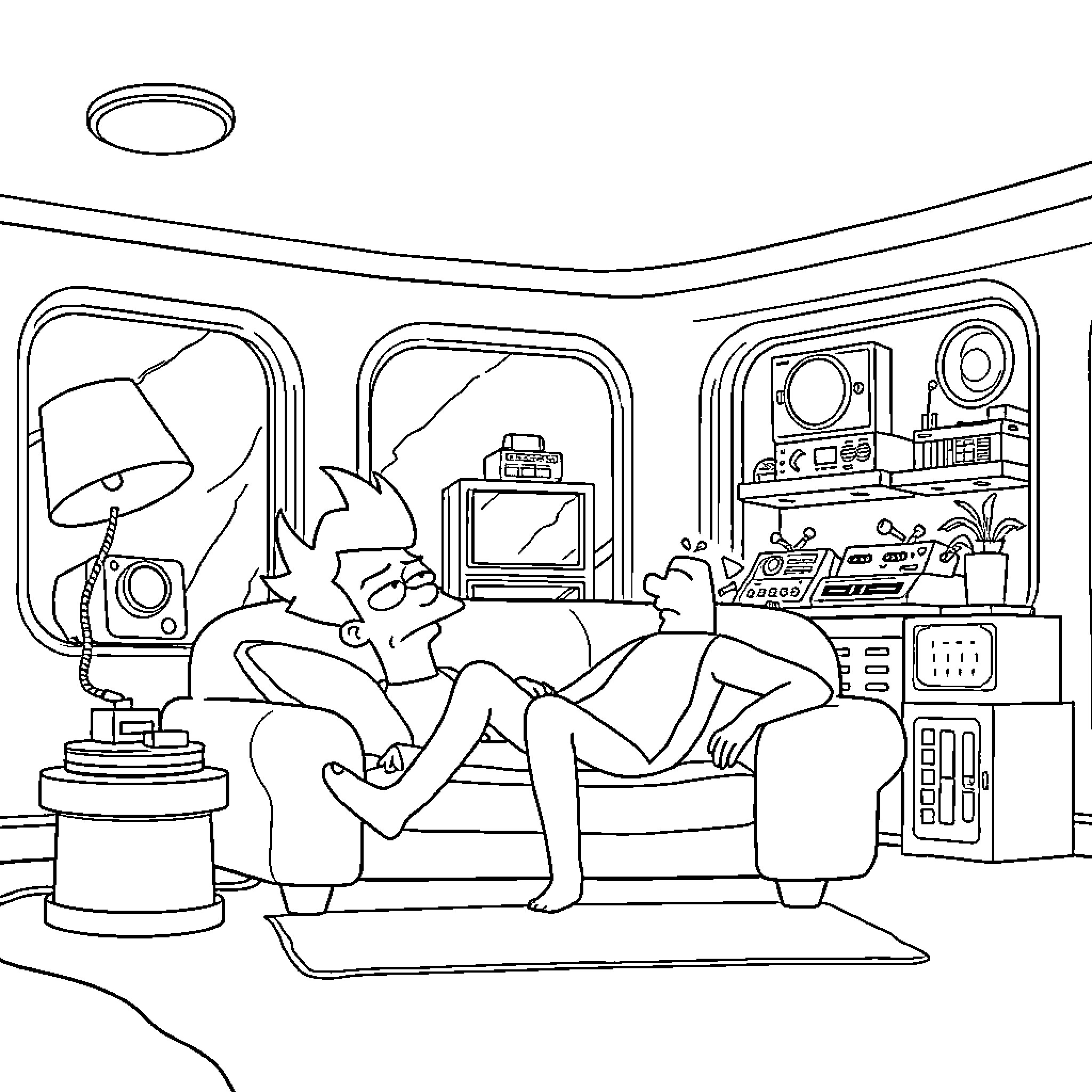 Fry lounging comfortably in living room setting Coloring Page (free black-and-white line drawing printable PDF for all, from beginners to advanced learners, including children, teens, adults, and seniors)