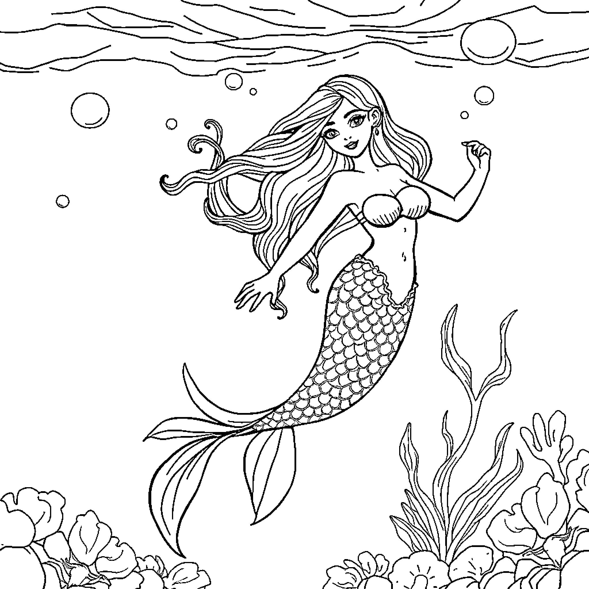 Mermaid swimming among bubbles and seaweed Coloring Page (free black-and-white line drawing printable PDF for all, from beginners to advanced learners, including children, teens, adults, and seniors)