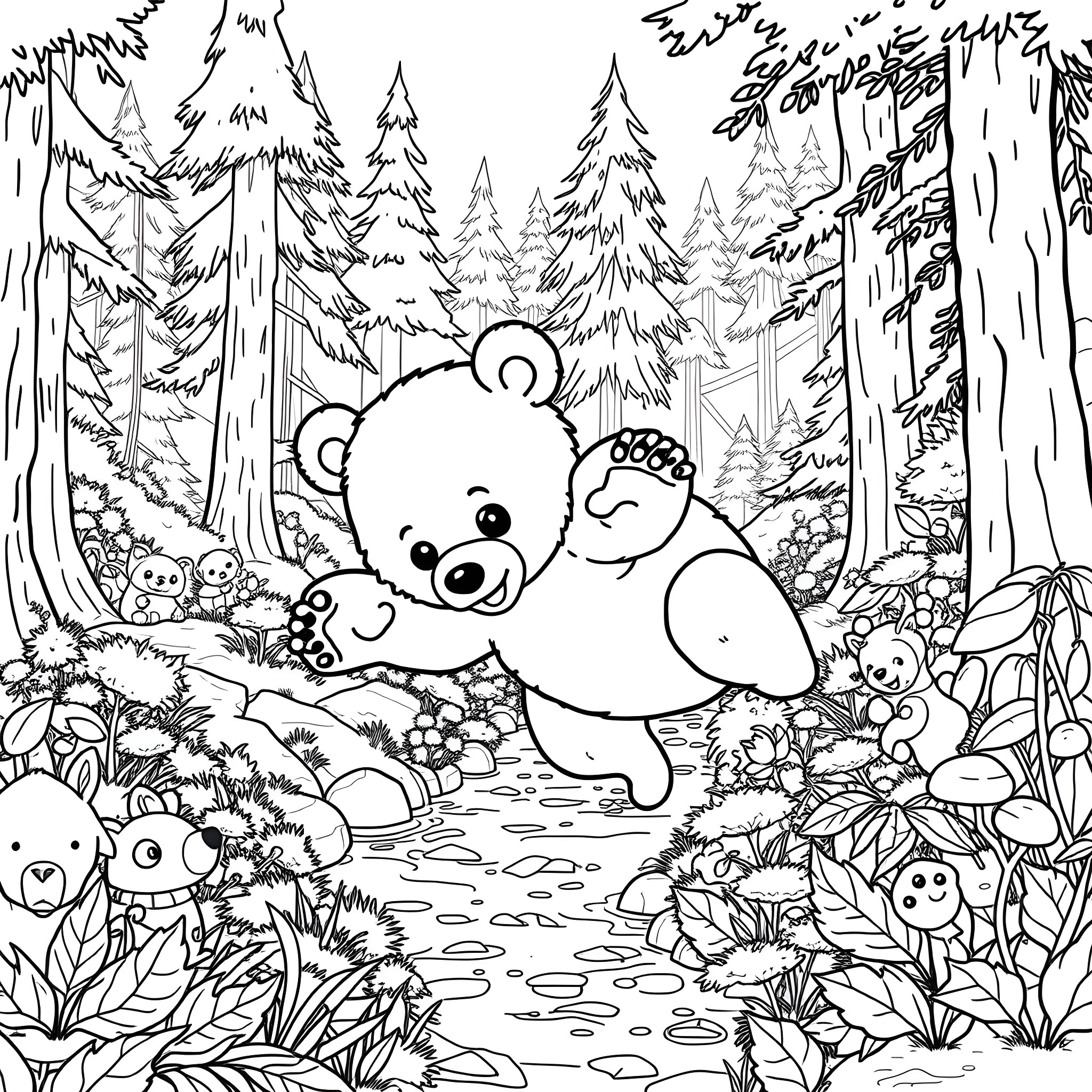 Bear exploring the enchanted forest with forest friends Coloring Page (free black-and-white line drawing printable PDF for all, from beginners to advanced learners, including children, teens, adults, and seniors)
