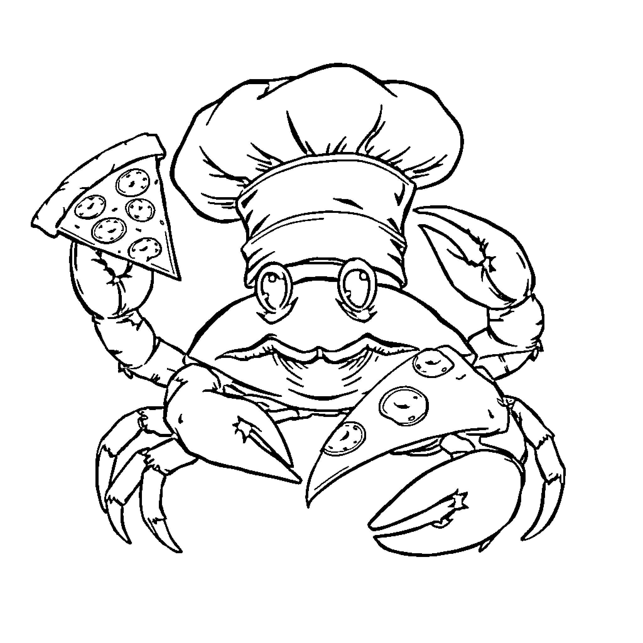 Crab chef cooking pizza with enthusiasm Coloring Page (free black-and-white line drawing printable PDF for all, from beginners to advanced learners, including children, teens, adults, and seniors)