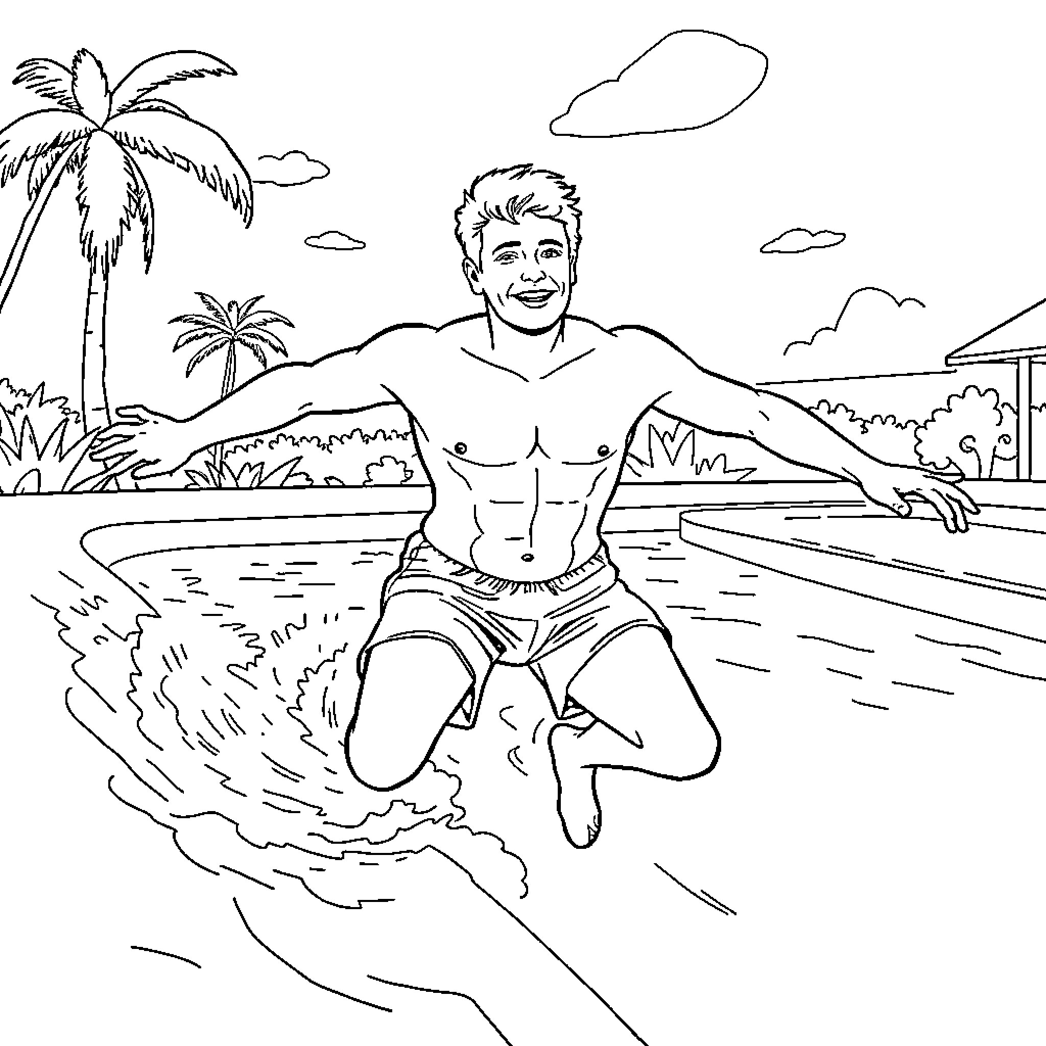 Swimmer enjoying a sunny day at the beach Coloring Page (free black-and-white line drawing printable PDF for all, from beginners to advanced learners, including children, teens, adults, and seniors)