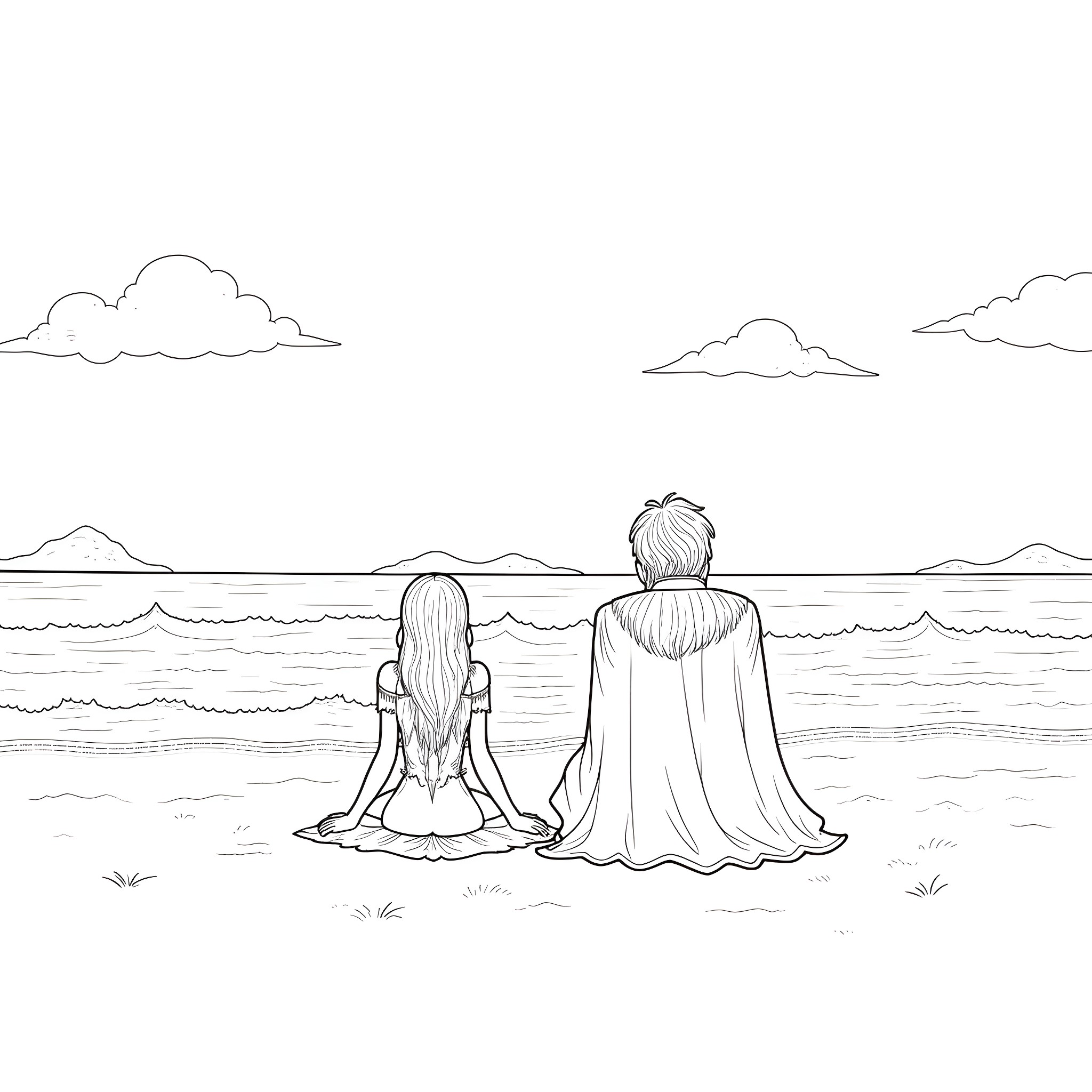 Vampire couple enjoying the serenity of the beach Coloring Page (free black-and-white line drawing printable PDF for all, from beginners to advanced learners, including children, teens, adults, and seniors)