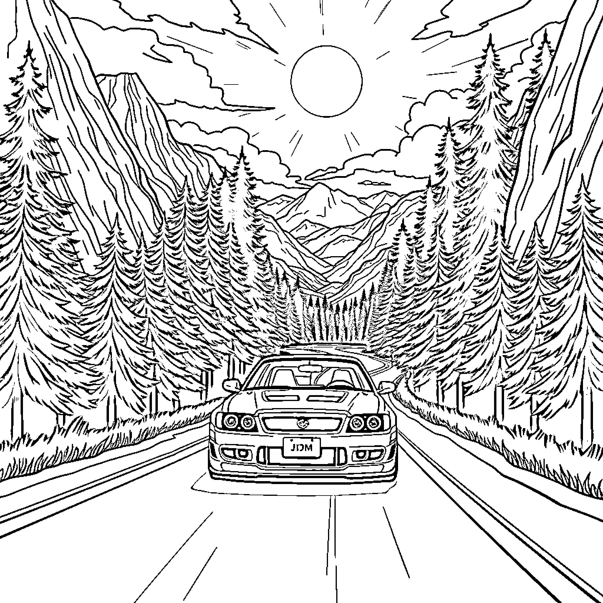 JDM Car Racing Through Scenic Mountain Landscape Coloring Page (free black-and-white line drawing printable PDF for all, from beginners to advanced learners, including children, teens, adults, and seniors)
