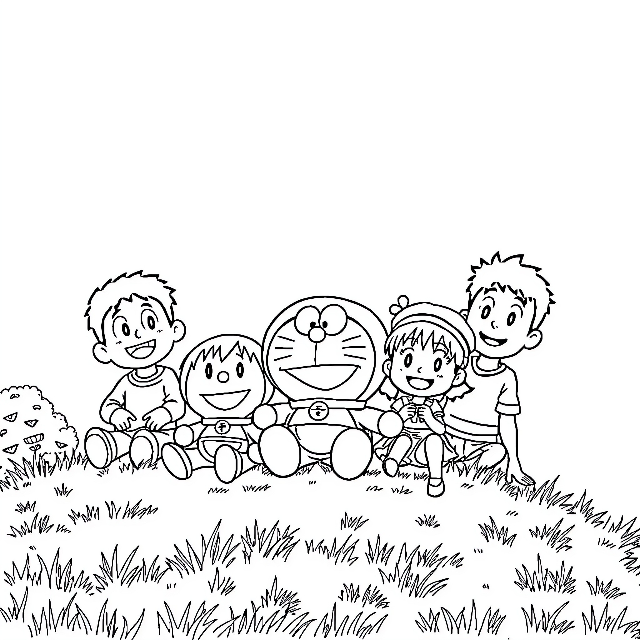 Doraemon and friends enjoying a day in nature Coloring Page (free black-and-white line drawing printable PDF for all, from beginners to advanced learners, including children, teens, adults, and seniors)