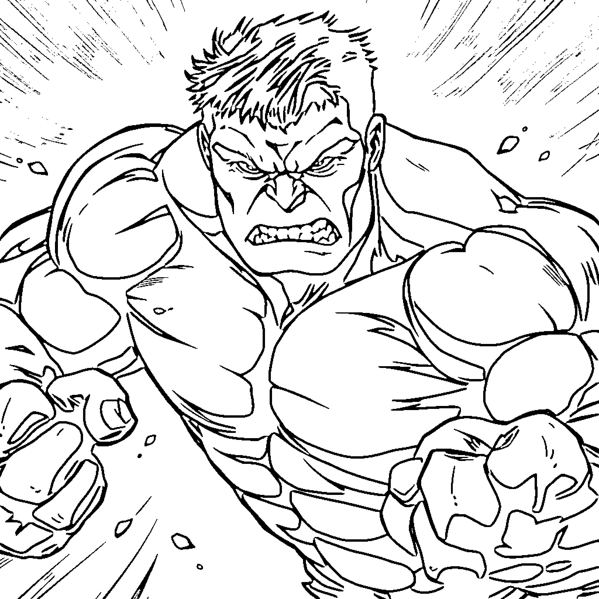 Hulk charging with intense expression Coloring Page (free black-and-white line drawing printable PDF for all, from beginners to advanced learners, including children, teens, adults, and seniors)
