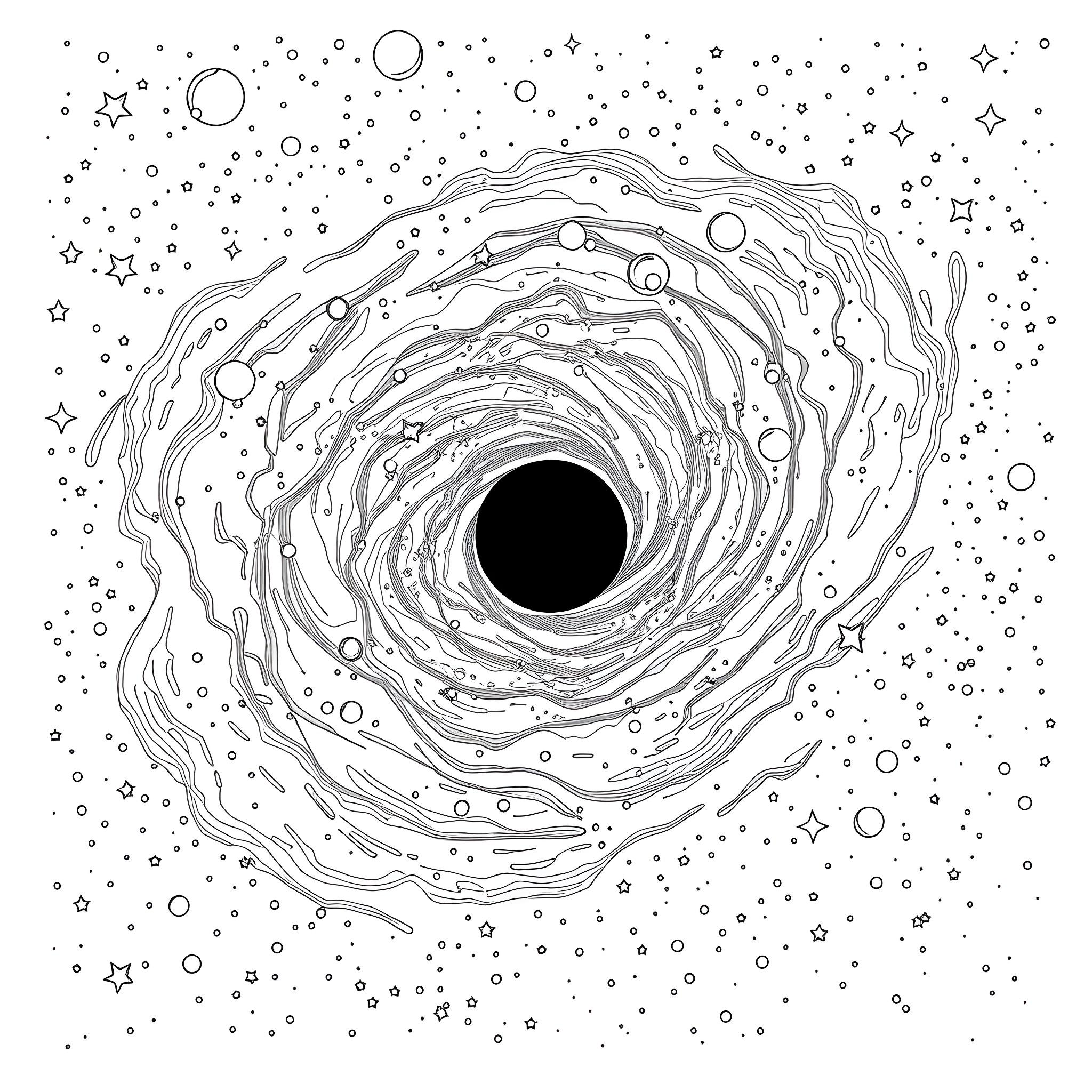 Space Swirl of Celestial Wonders Coloring Page (free black-and-white line drawing printable PDF for all, from beginners to advanced learners, including children, teens, adults, and seniors)