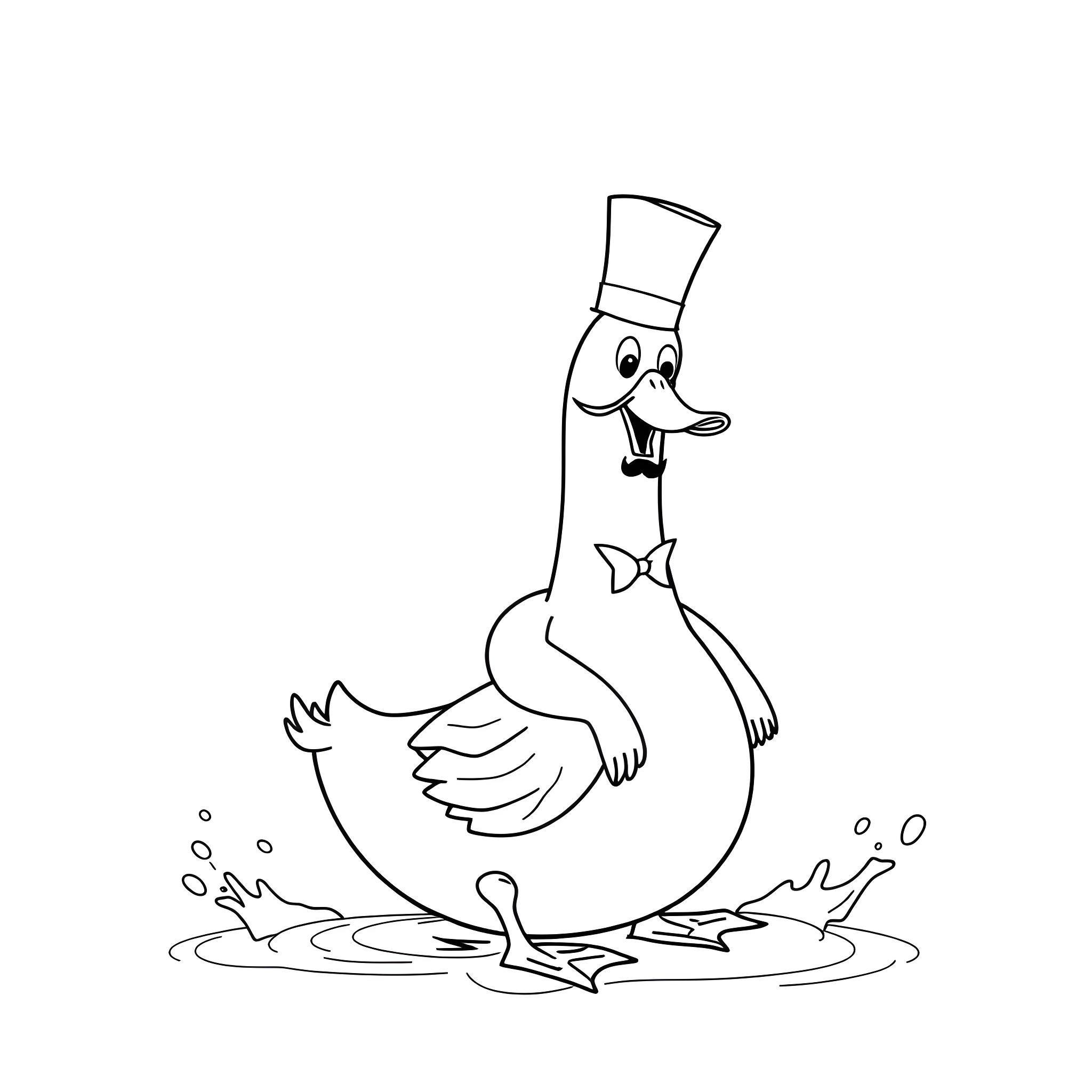 Banana duck in formal attire splashing in water Coloring Page (free black-and-white line drawing printable PDF for all, from beginners to advanced learners, including children, teens, adults, and seniors)