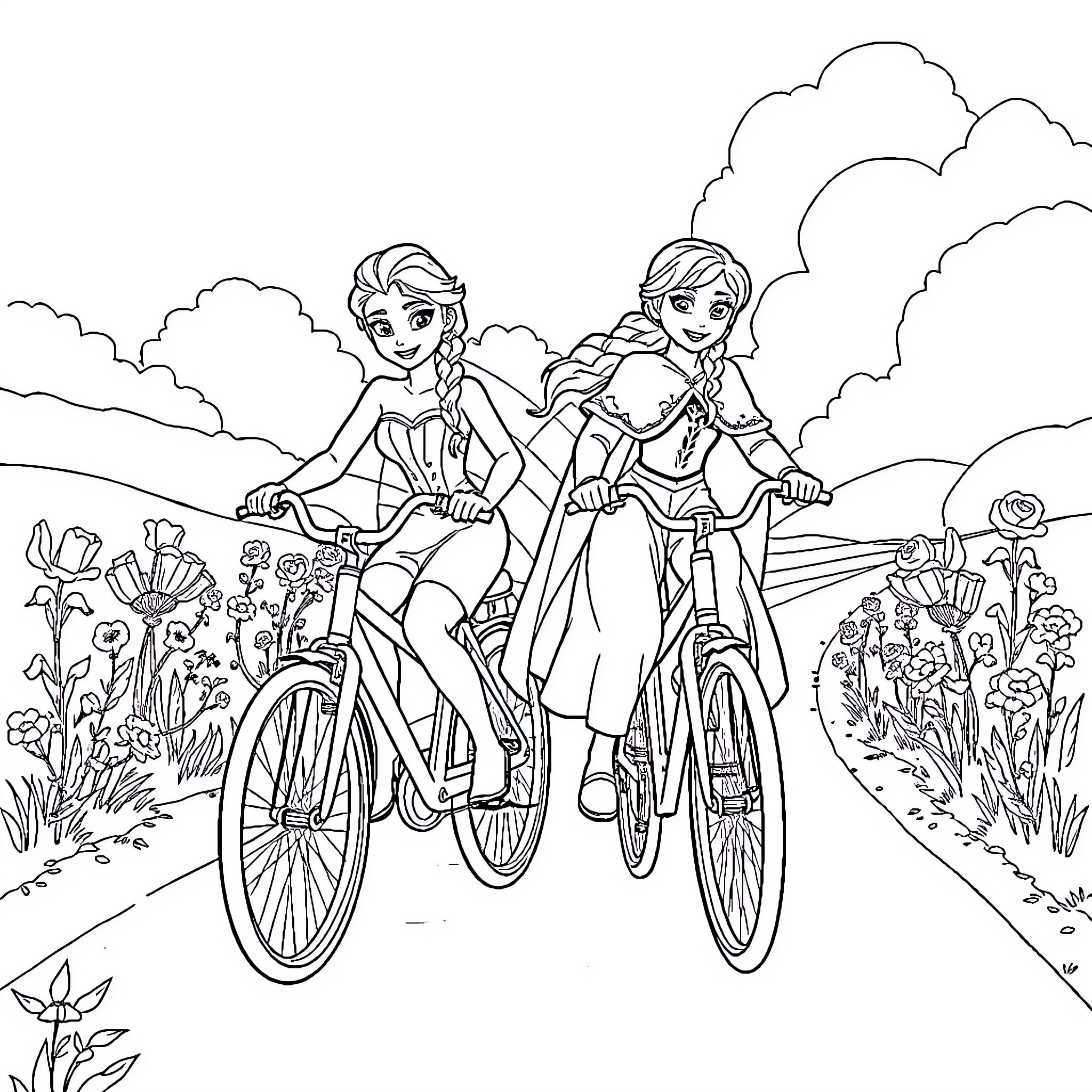 Elsa and Anna riding bicycles through a scenic countryside Coloring Page (free black-and-white line drawing printable PDF for all, from beginners to advanced learners, including children, teens, adults, and seniors)