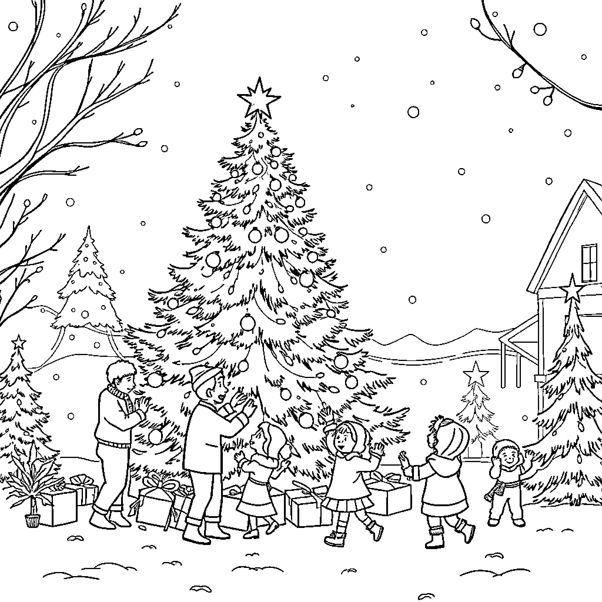 Xmas family decorating tree and celebrating Coloring Page (free black-and-white line drawing printable PDF for all, from beginners to advanced learners, including children, teens, adults, and seniors)