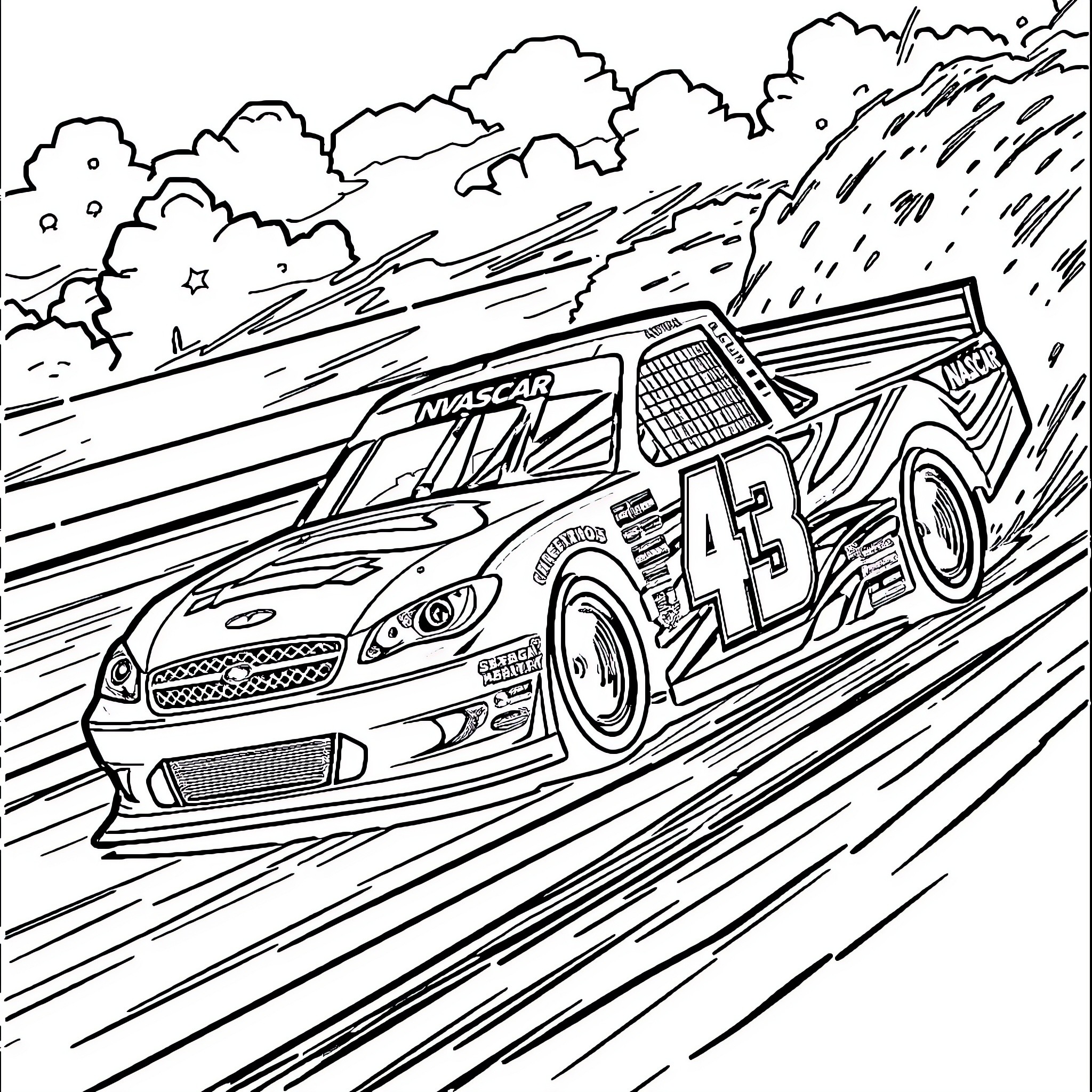 Nascar Driver Speeding Through the Track Coloring Page (free black-and-white line drawing printable PDF for all, from beginners to advanced learners, including children, teens, adults, and seniors)