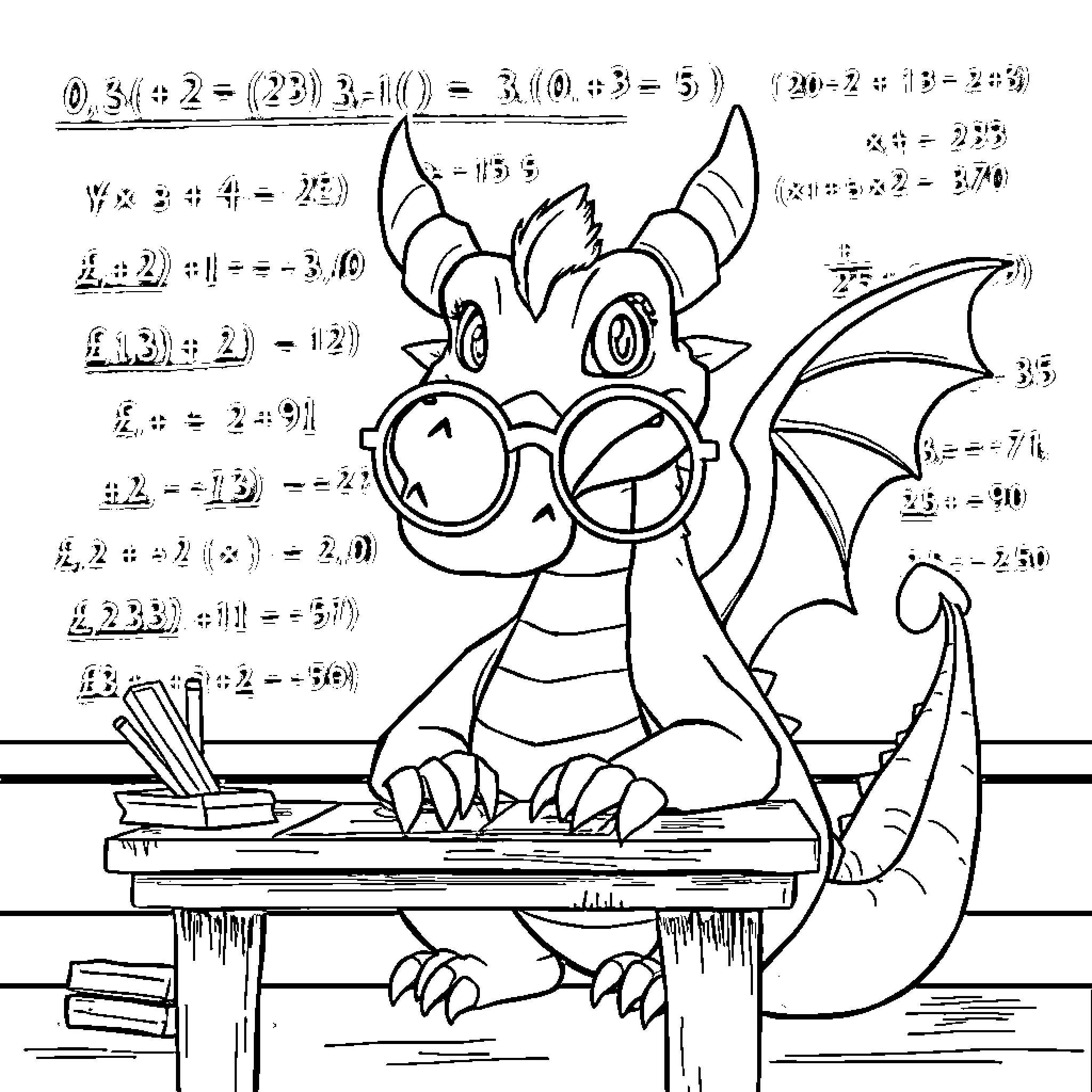 Dragon studying math equations on desk Coloring Page (free black-and-white line drawing printable PDF for all, from beginners to advanced learners, including children, teens, adults, and seniors)