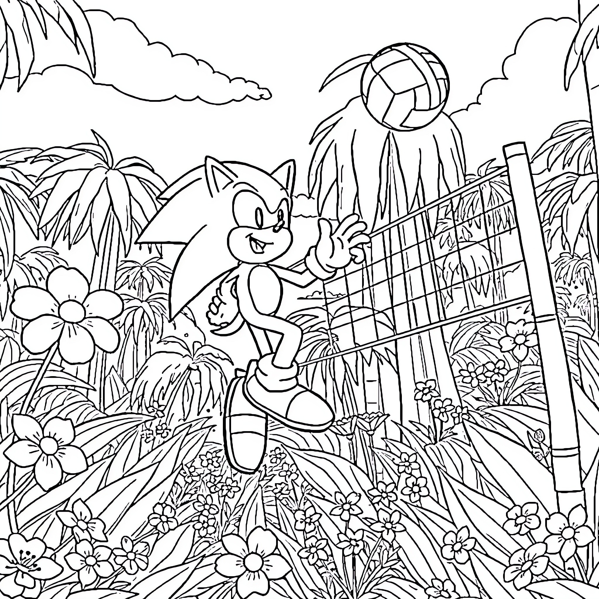 Sonic playing volleyball in a tropical paradise Coloring Page (free black-and-white line drawing printable PDF for all, from beginners to advanced learners, including children, teens, adults, and seniors)