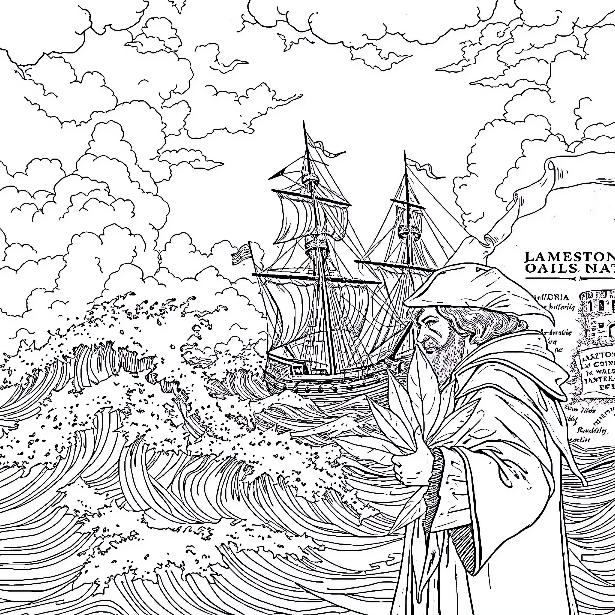 Ship sailing through stormy seas with a robed figure Coloring Page (free black-and-white line drawing printable PDF for all, from beginners to advanced learners, including children, teens, adults, and seniors)
