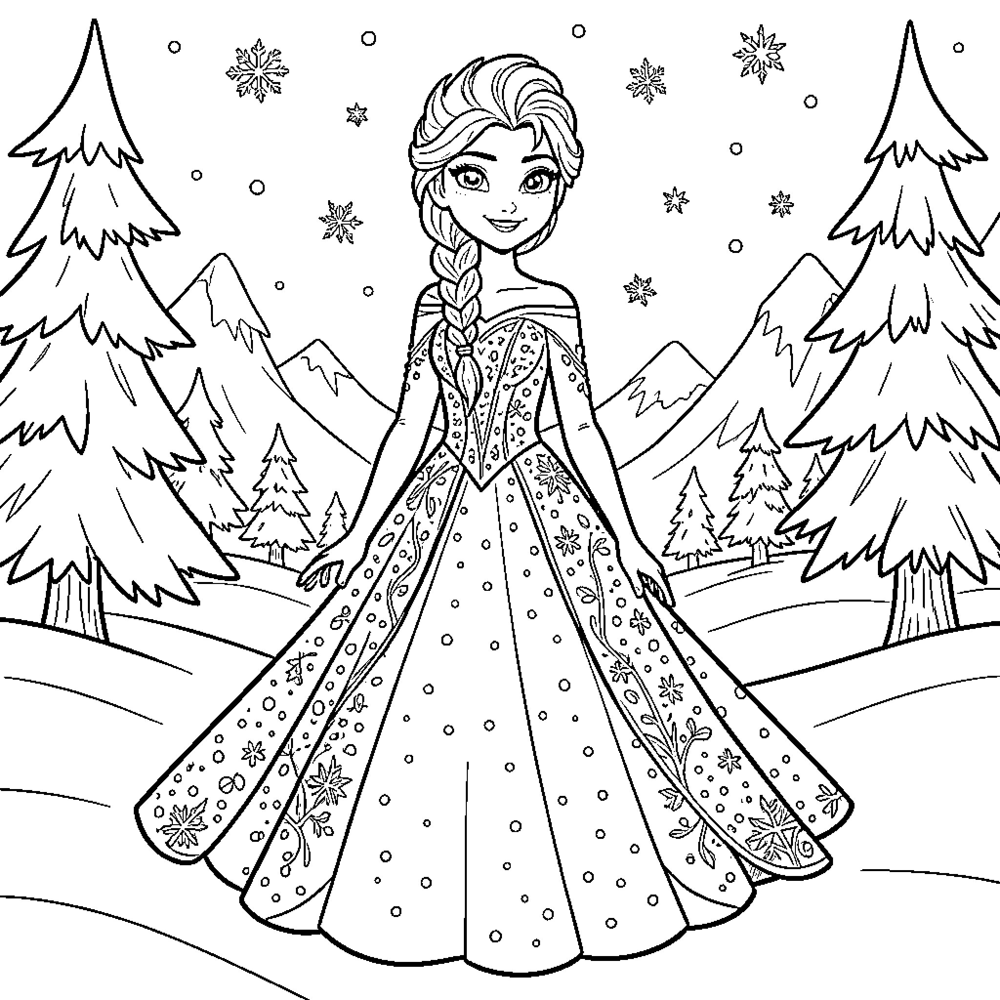 Elsa's Winter Wonderland Adventure Coloring Page (free black-and-white line drawing printable PDF for all, from beginners to advanced learners, including children, teens, adults, and seniors)