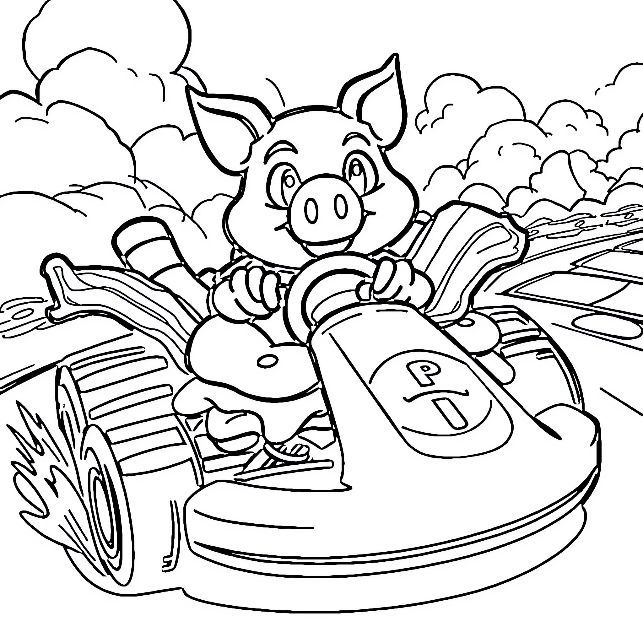 Spider Pig racing in a go-kart Coloring Page (free black-and-white line drawing printable PDF for all, from beginners to advanced learners, including children, teens, adults, and seniors)