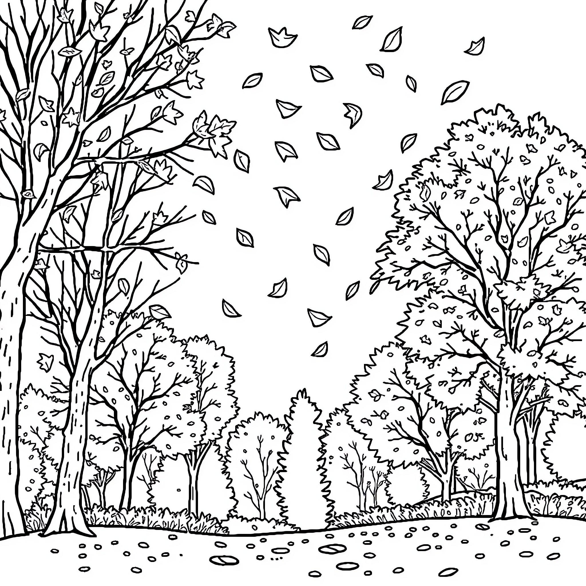 Fall Scenery with Blowing Leaves and Bare Trees Coloring Page (free black-and-white line drawing printable PDF for all, from beginners to advanced learners, including children, teens, adults, and seniors)