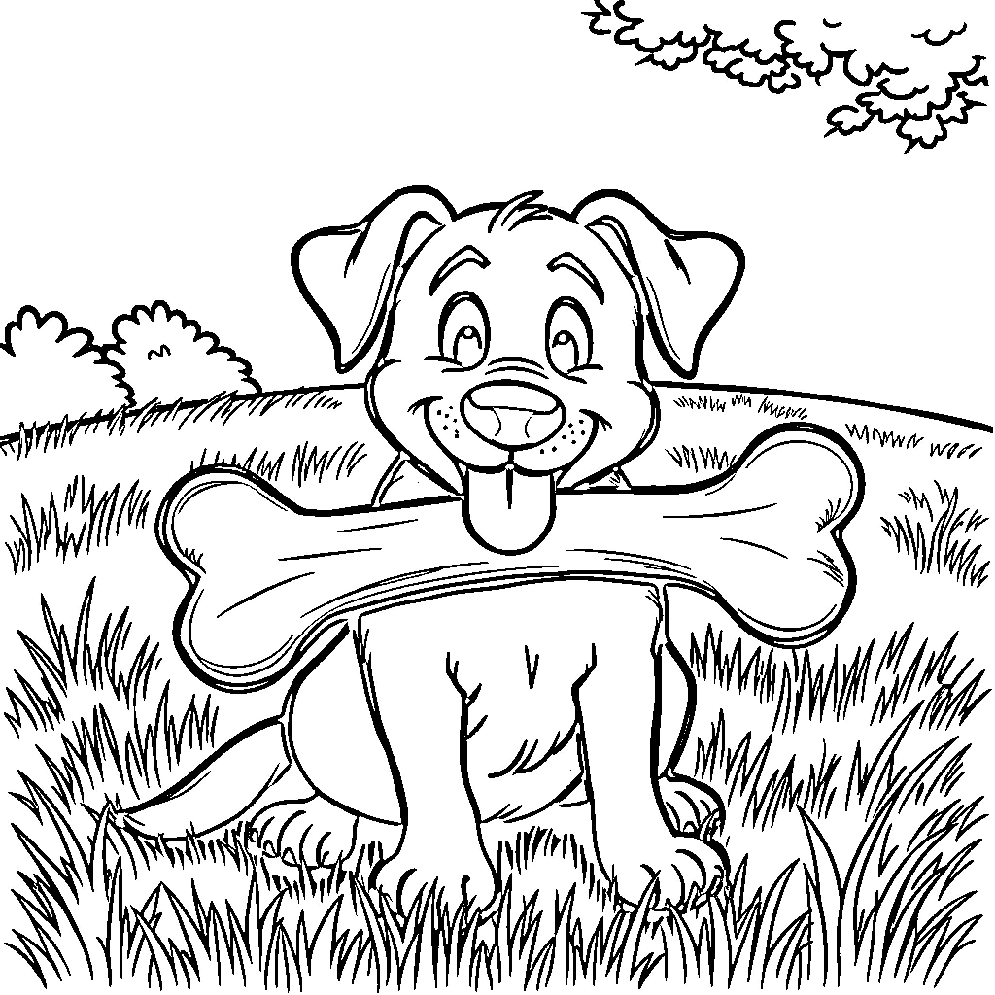 Dog playing with giant bone in grassy field Coloring Page (free black-and-white line drawing printable PDF for all, from beginners to advanced learners, including children, teens, adults, and seniors)