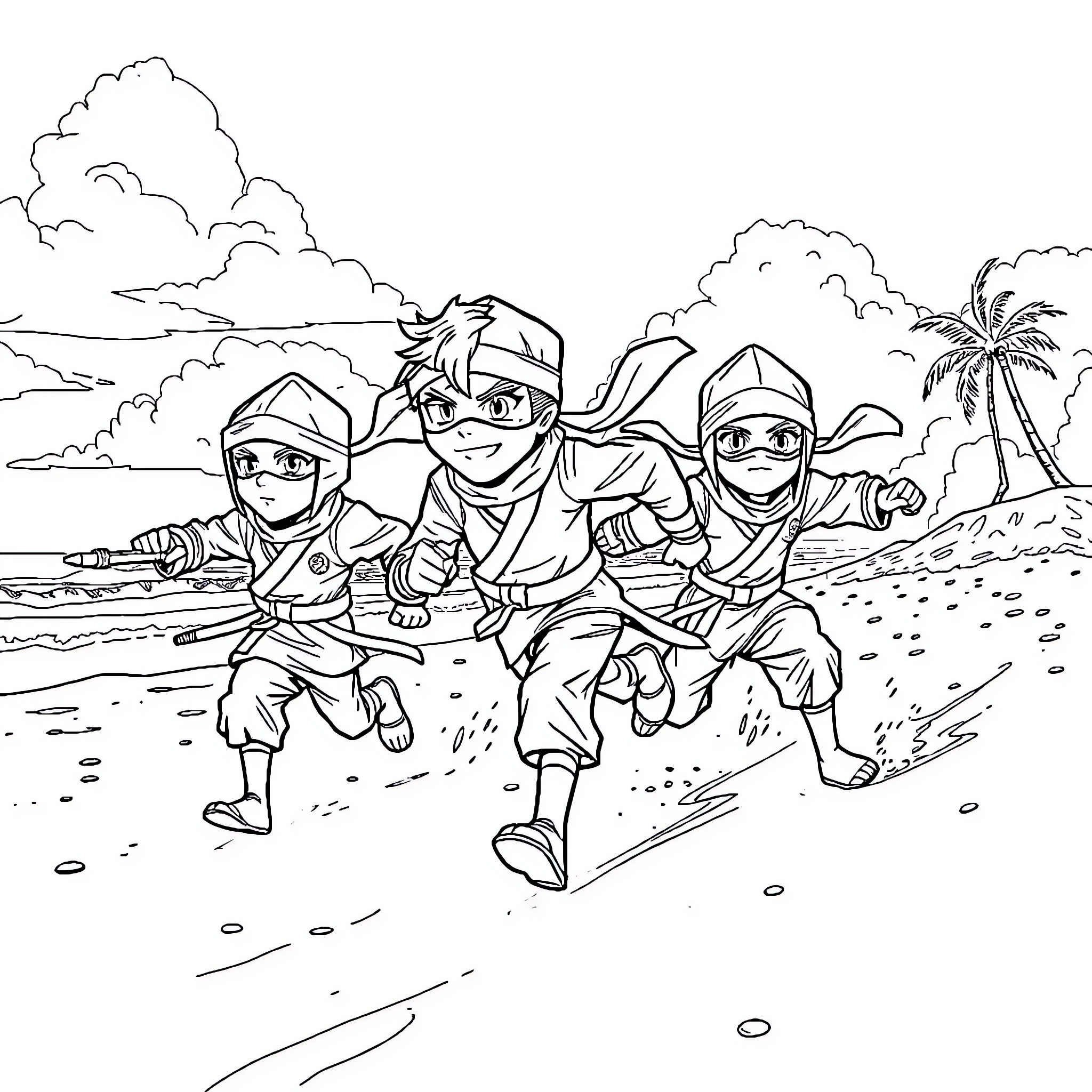 Ninja Warriors Engaged in Stealthy Combat on Tropical Beach Coloring Page (free black-and-white line drawing printable PDF for all, from beginners to advanced learners, including children, teens, adults, and seniors)