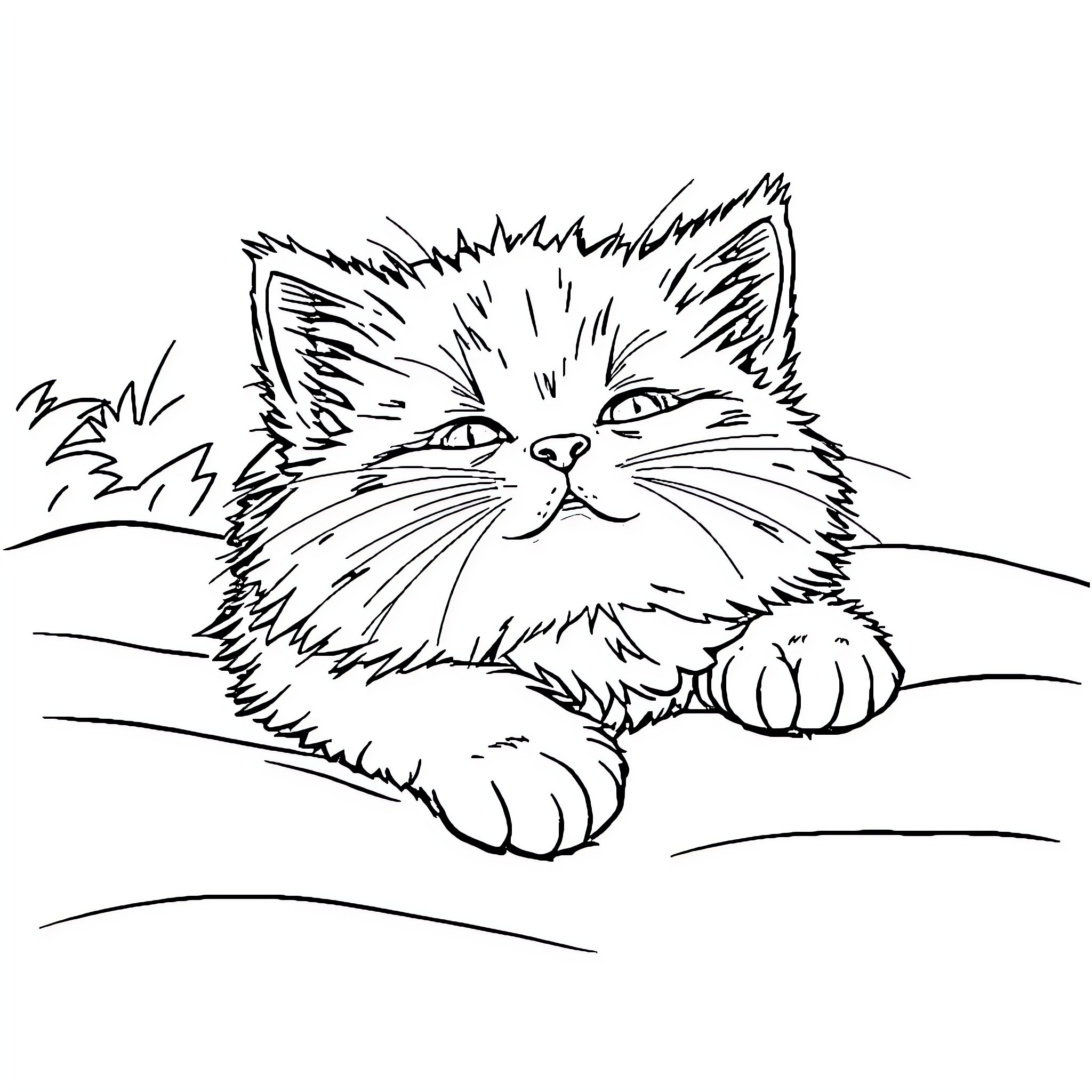 Cat in a Cozy Nap Coloring Page (free black-and-white line drawing printable PDF for all, from beginners to advanced learners, including children, teens, adults, and seniors)