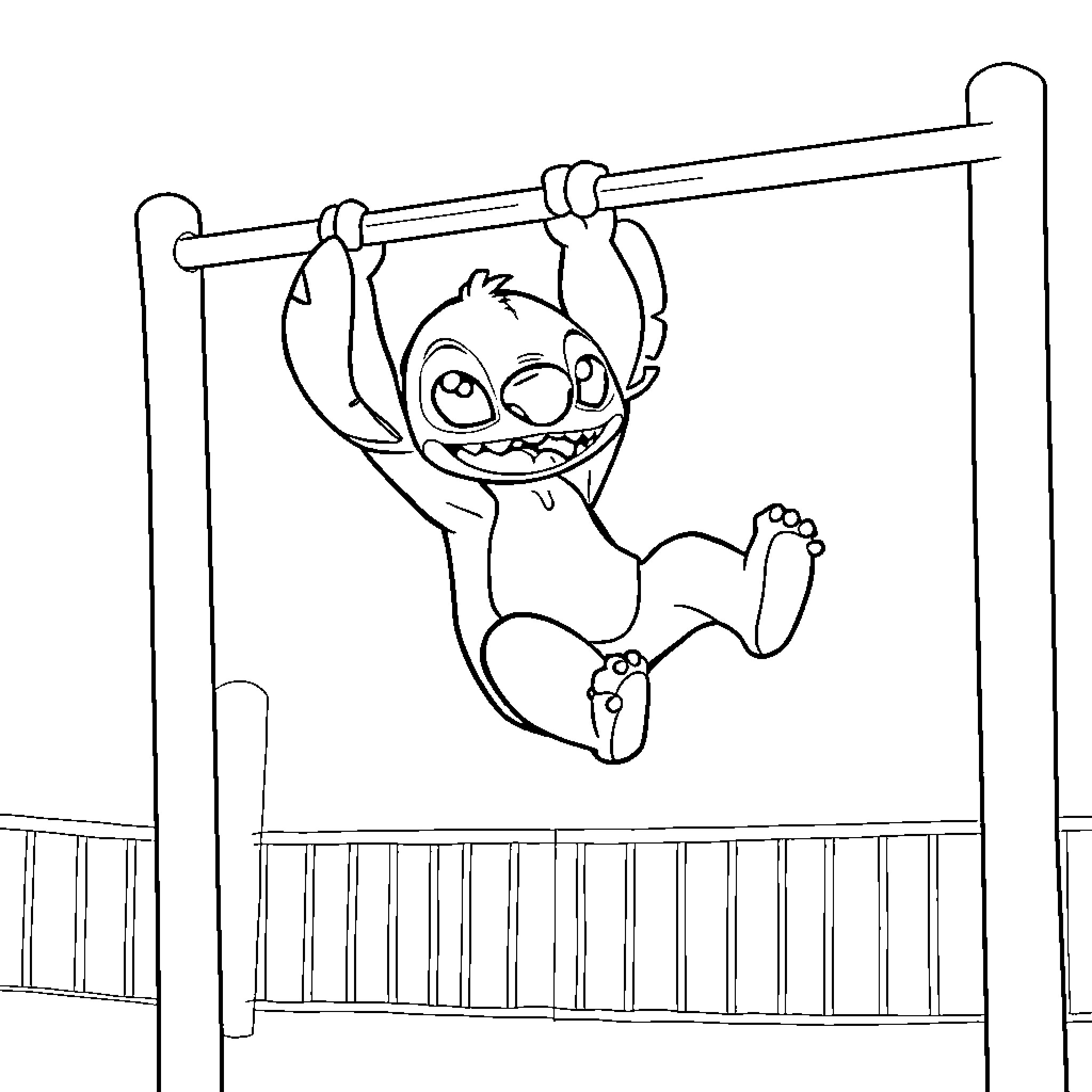 Stitch swinging joyfully on a playground bar Coloring Page (free black-and-white line drawing printable PDF for all, from beginners to advanced learners, including children, teens, adults, and seniors)