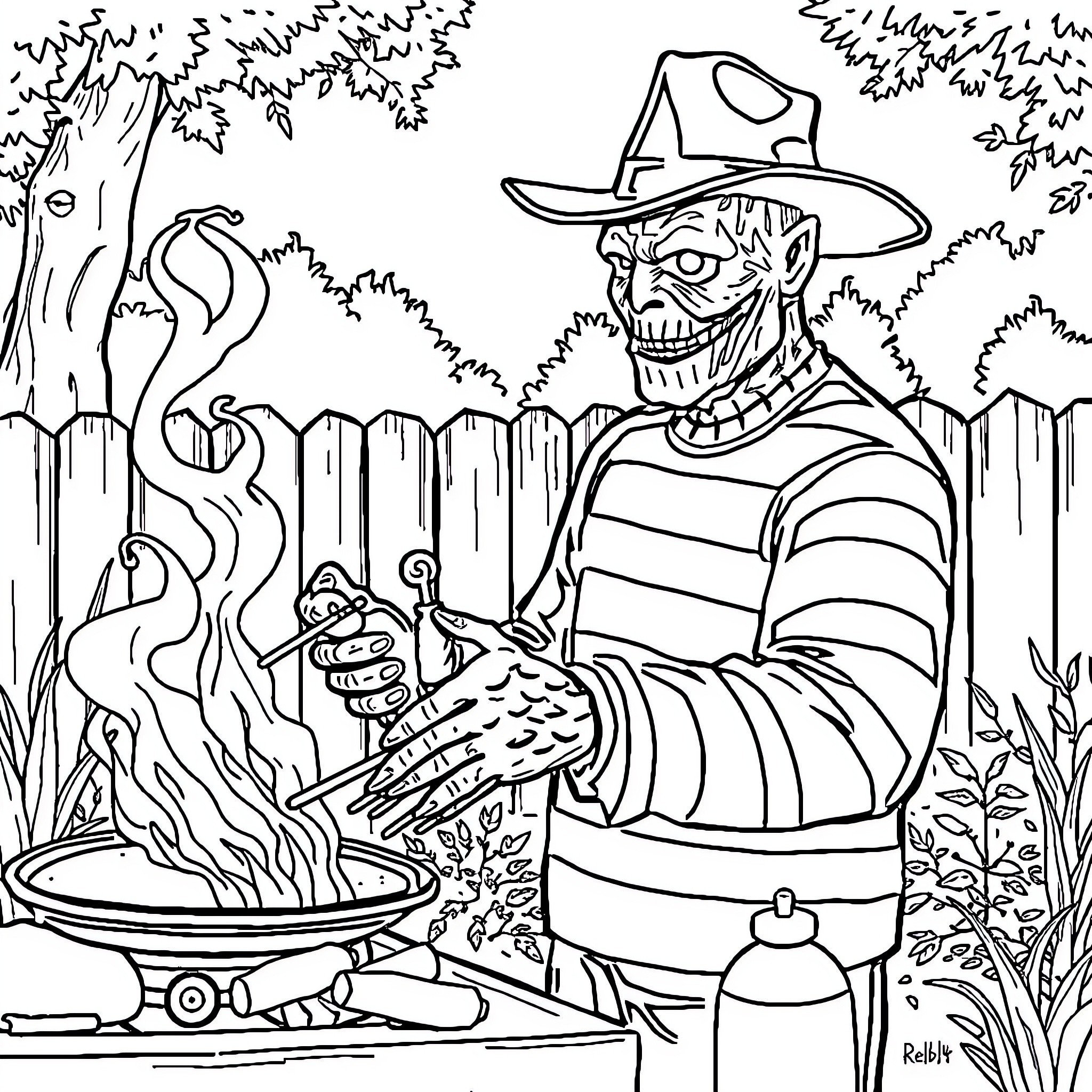 Freddy Kruger cooking a mysterious brew in the forest Coloring Page (free black-and-white line drawing printable PDF for all, from beginners to advanced learners, including children, teens, adults, and seniors)