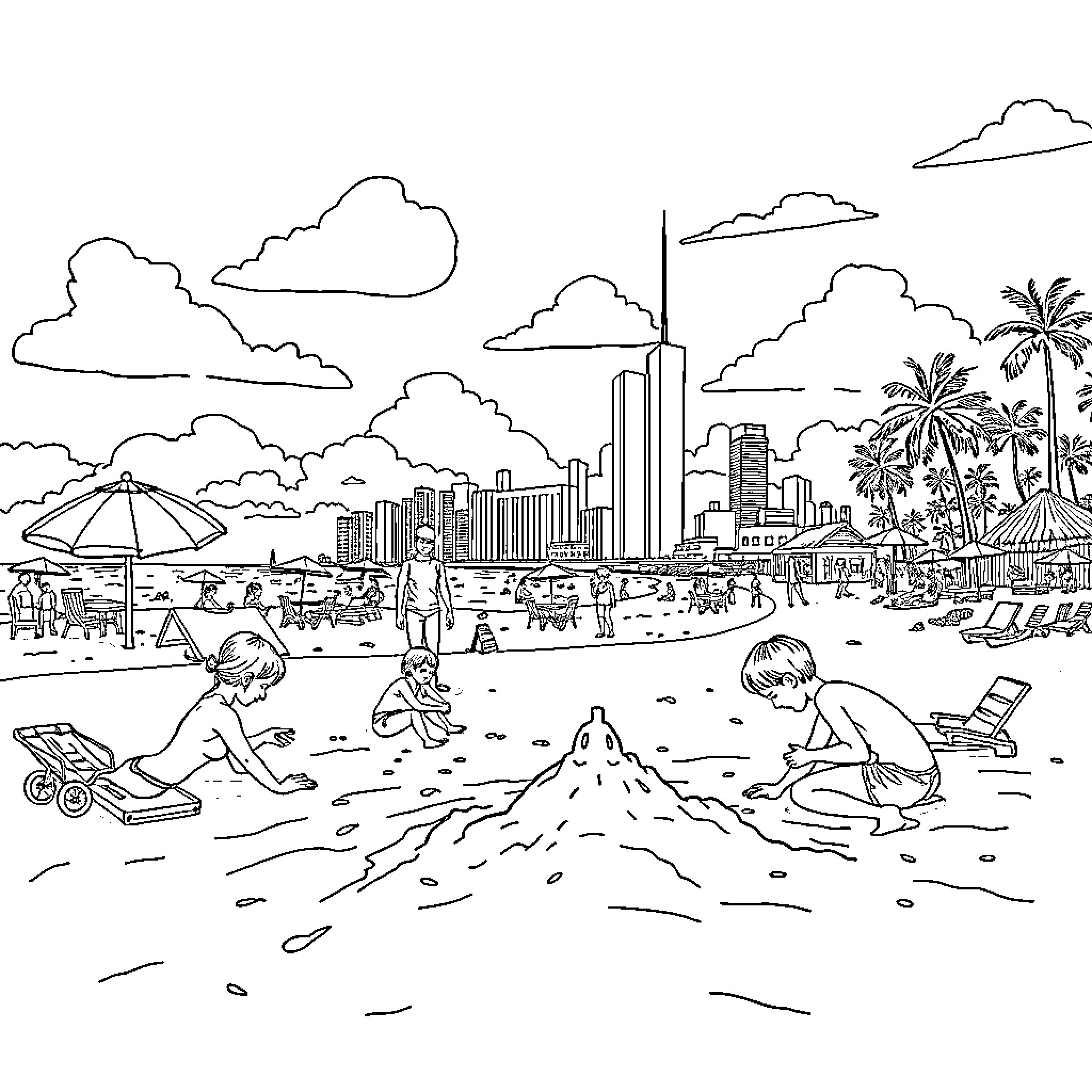 Beach scene with people, umbrellas, and city skyline Coloring Page (free black-and-white line drawing printable PDF for all, from beginners to advanced learners, including children, teens, adults, and seniors)