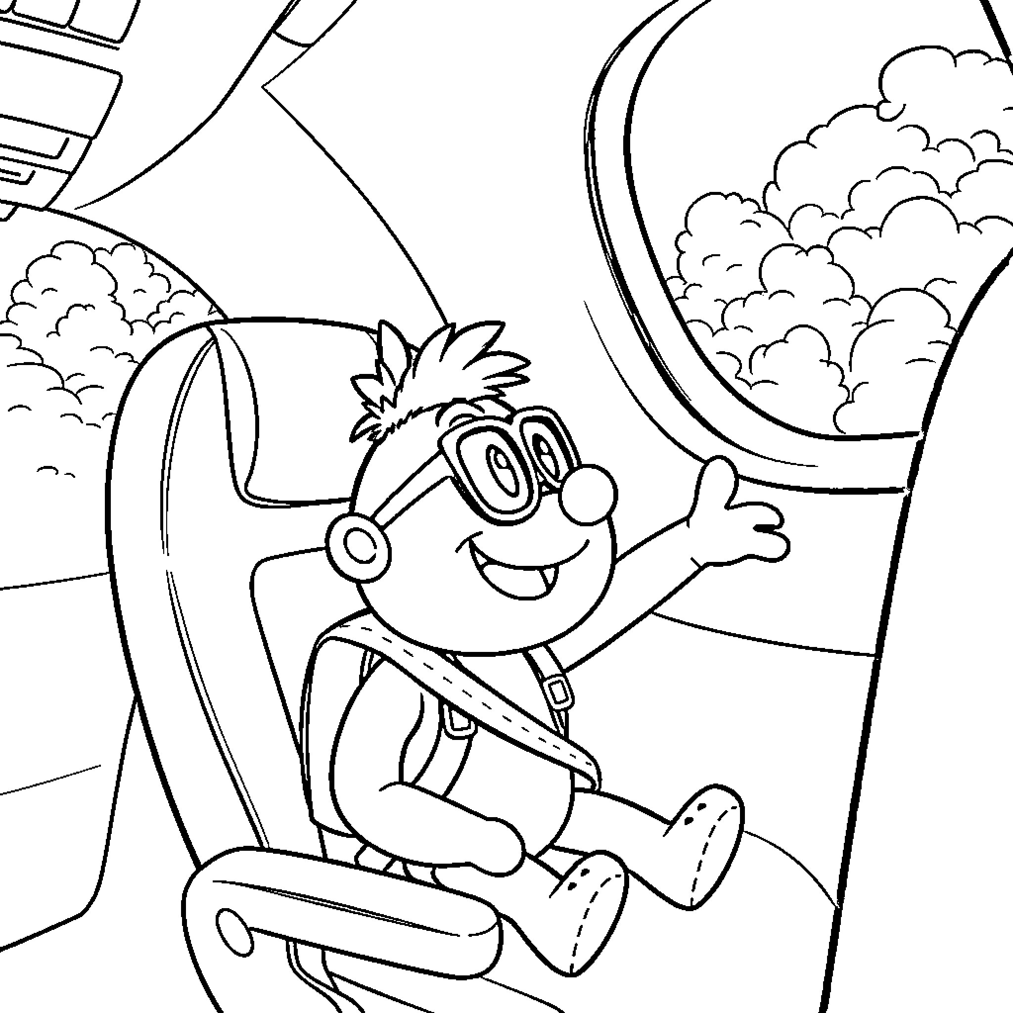 Blippi exploring the outdoors with a happy expression Coloring Page (free black-and-white line drawing printable PDF for all, from beginners to advanced learners, including children, teens, adults, and seniors)