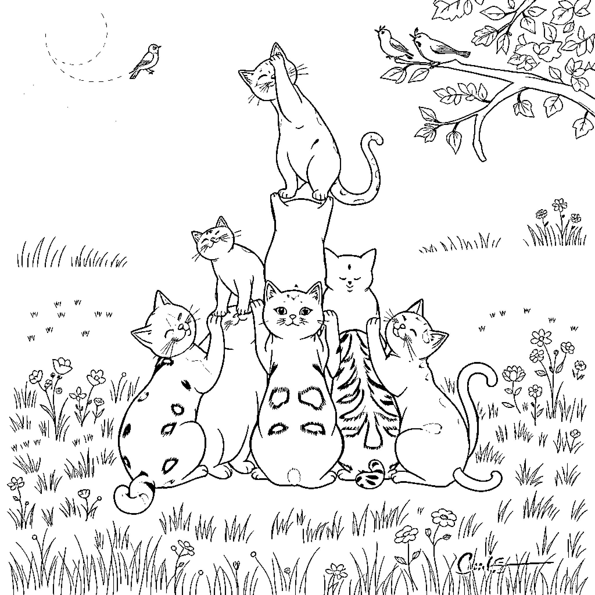 Cat and Kittens in a Lush Garden Coloring Page (free black-and-white line drawing printable PDF for all, from beginners to advanced learners, including children, teens, adults, and seniors)