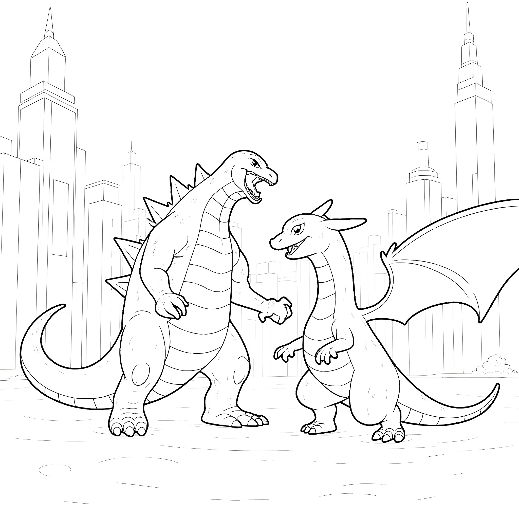Charizard and dragon friends explore the city Coloring Page (free black-and-white line drawing printable PDF for all, from beginners to advanced learners, including children, teens, adults, and seniors)