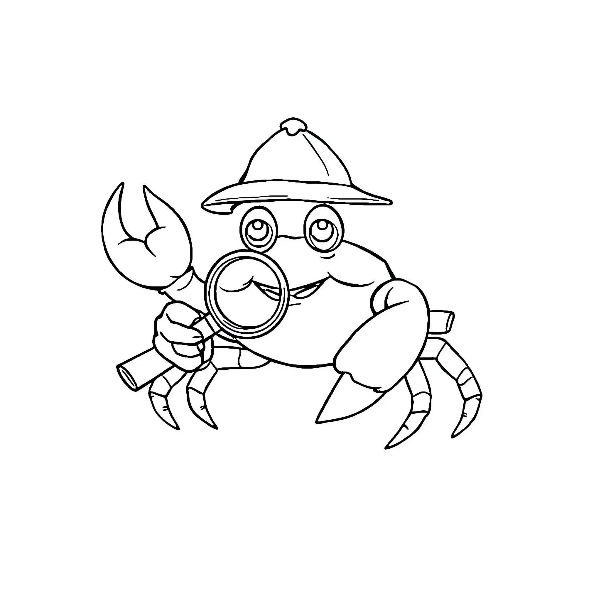 Crab explorer in a whimsical hat Coloring Page (free black-and-white line drawing printable PDF for all, from beginners to advanced learners, including children, teens, adults, and seniors)