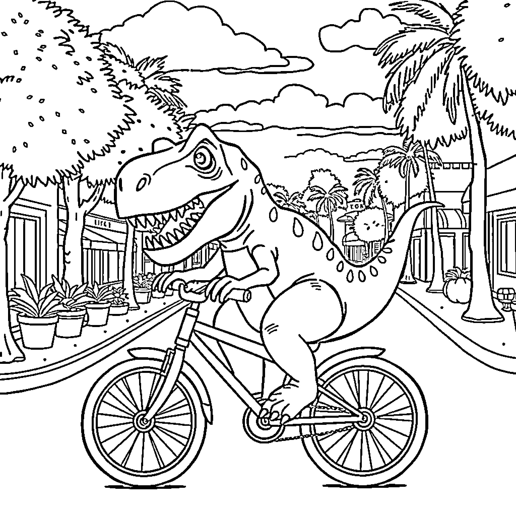 T-Rex riding a bicycle in a tropical town Coloring Page (free black-and-white line drawing printable PDF for all, from beginners to advanced learners, including children, teens, adults, and seniors)
