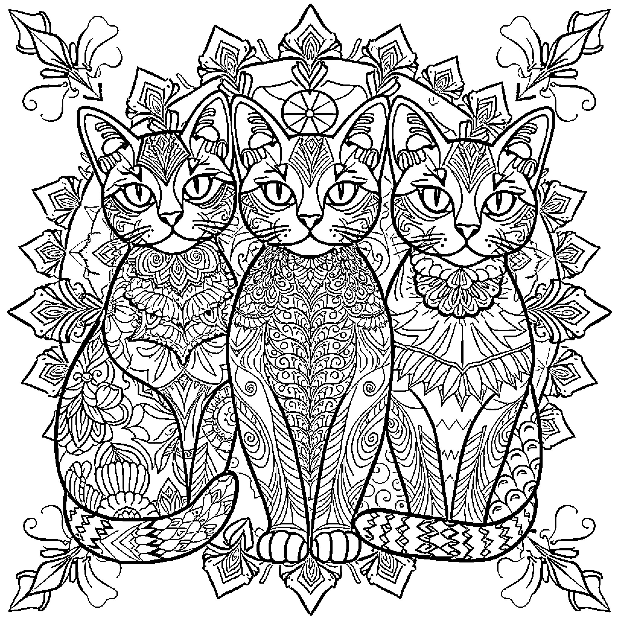 Cat Trio Surrounded by Intricate Floral Designs Coloring Page (free black-and-white line drawing printable PDF for all, from beginners to advanced learners, including children, teens, adults, and seniors)