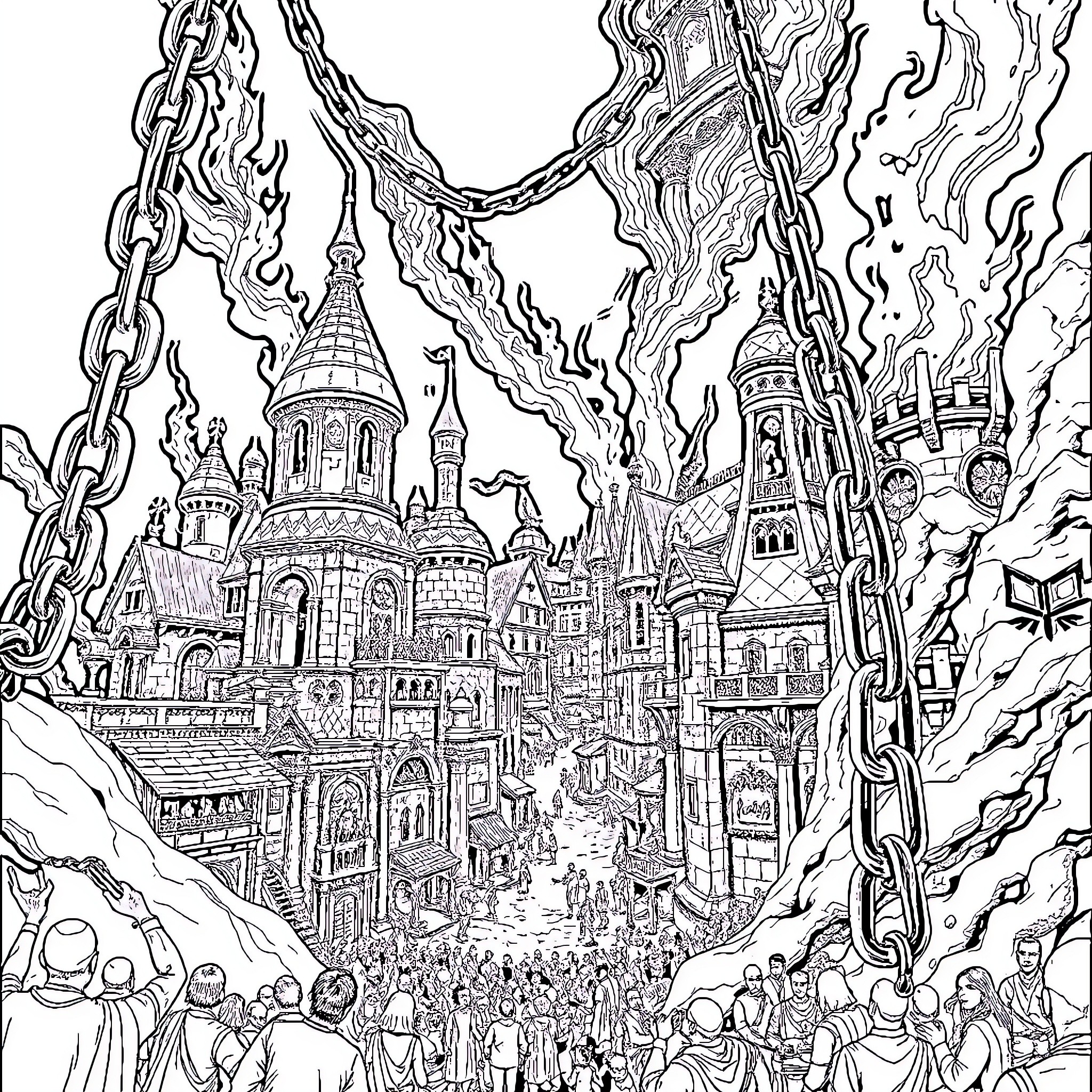 Baldur's Gate: A Fantastical Cityscape with Towering Spires Coloring Page (free black-and-white line drawing printable PDF for all, from beginners to advanced learners, including children, teens, adults, and seniors)