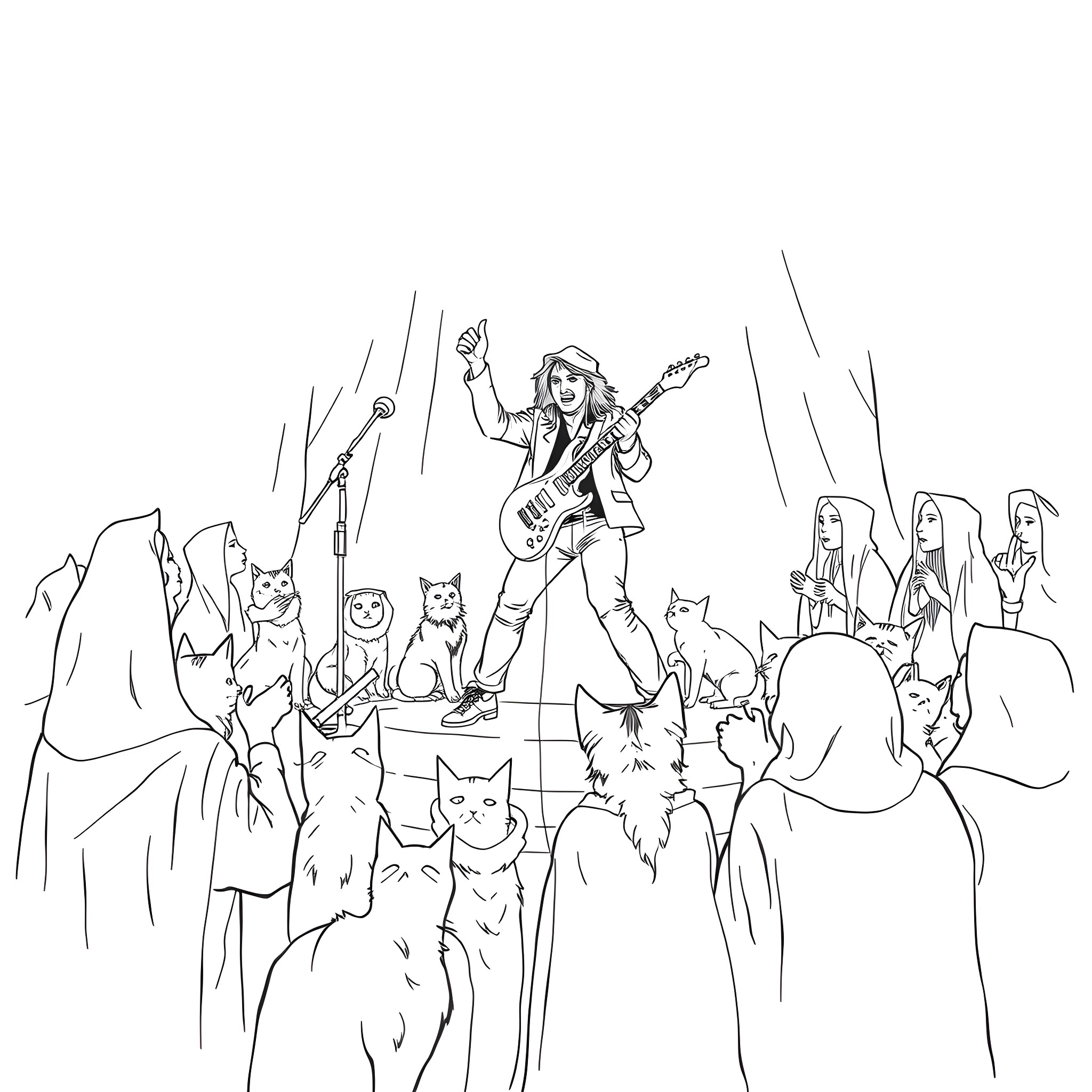 Glenn Danzig performing on stage with cats Coloring Page (free black-and-white line drawing printable PDF for all, from beginners to advanced learners, including children, teens, adults, and seniors)