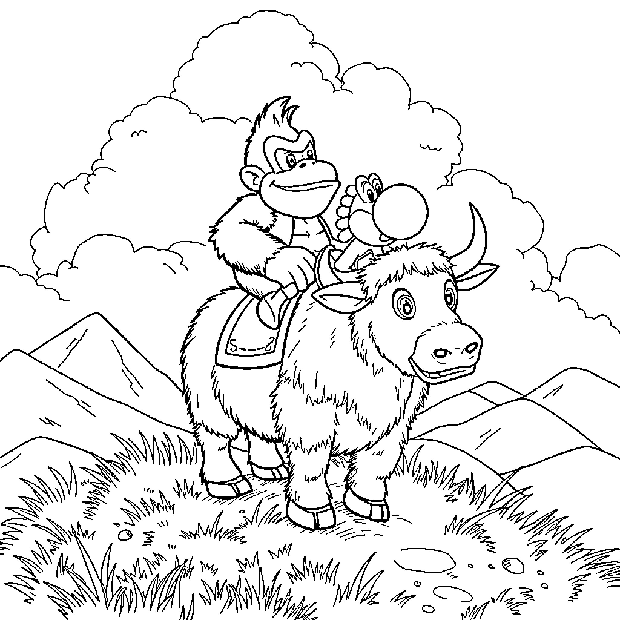 Donkey Kong riding a goat in a mountainous landscape Coloring Page (free black-and-white line drawing printable PDF for all, from beginners to advanced learners, including children, teens, adults, and seniors)