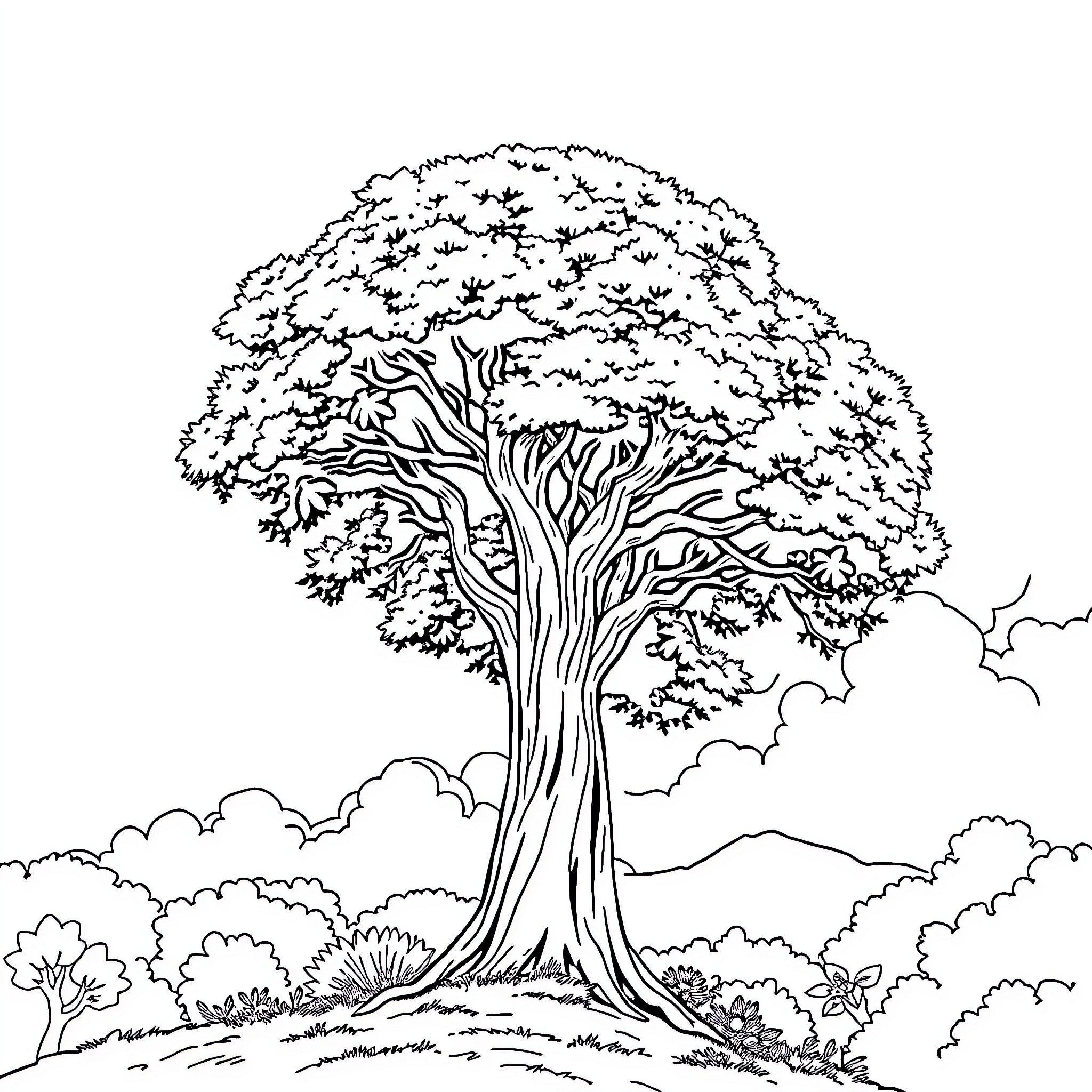 Saqueo of a Mighty Tree in the Landscape Coloring Page (free black-and-white line drawing printable PDF for all, from beginners to advanced learners, including children, teens, adults, and seniors)