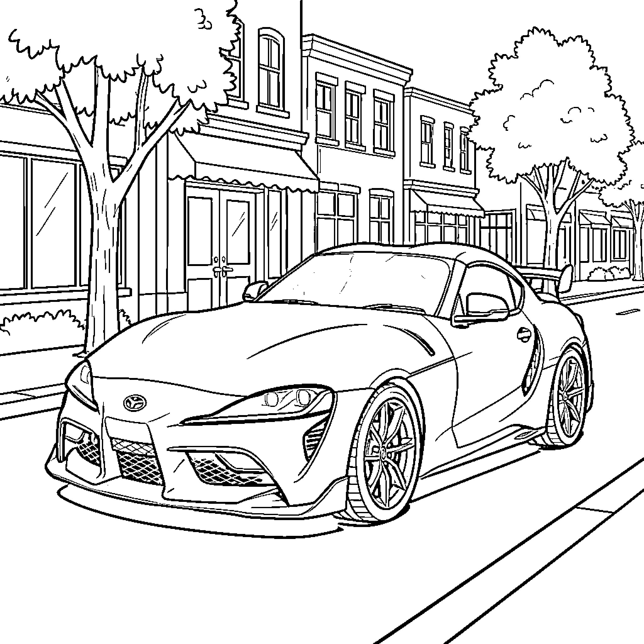 Supra parked on a quiet city street Coloring Page (free black-and-white line drawing printable PDF for all, from beginners to advanced learners, including children, teens, adults, and seniors)