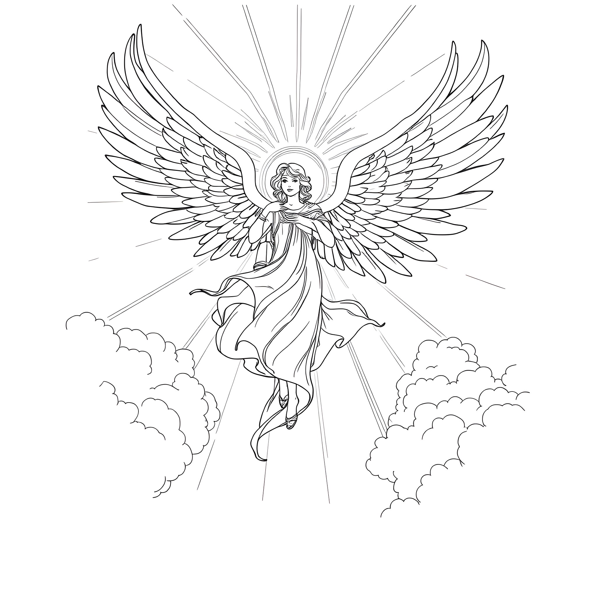 Angel of light shining with outstretched wings Coloring Page (free black-and-white line drawing printable PDF for all, from beginners to advanced learners, including children, teens, adults, and seniors)