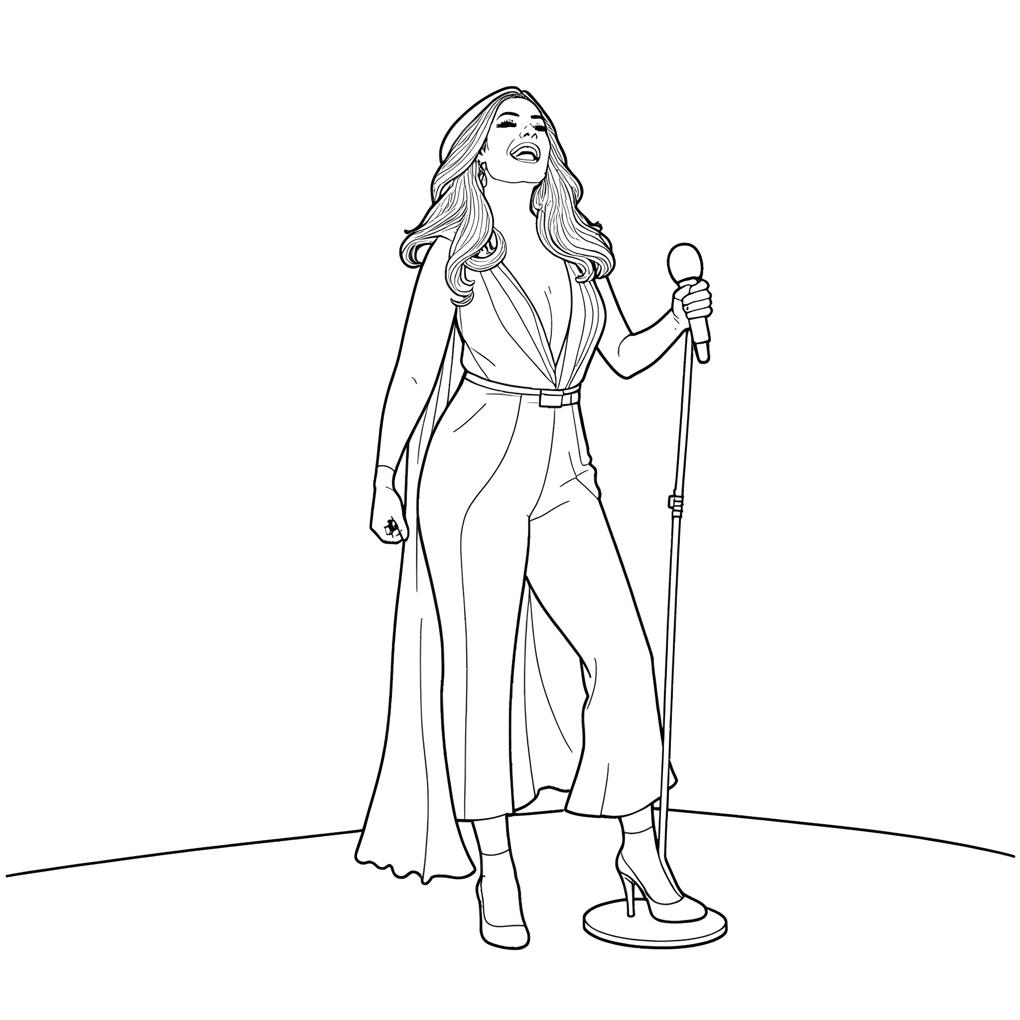 Mariah Carey performing on stage in elegant attire Coloring Page (free black-and-white line drawing printable PDF for all, from beginners to advanced learners, including children, teens, adults, and seniors)