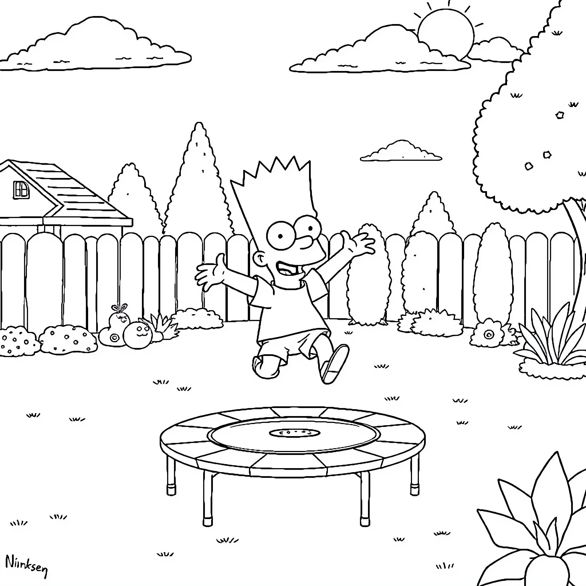 Bart Simpson jumping on a trampoline in the backyard Coloring Page (free black-and-white line drawing printable PDF for all, from beginners to advanced learners, including children, teens, adults, and seniors)