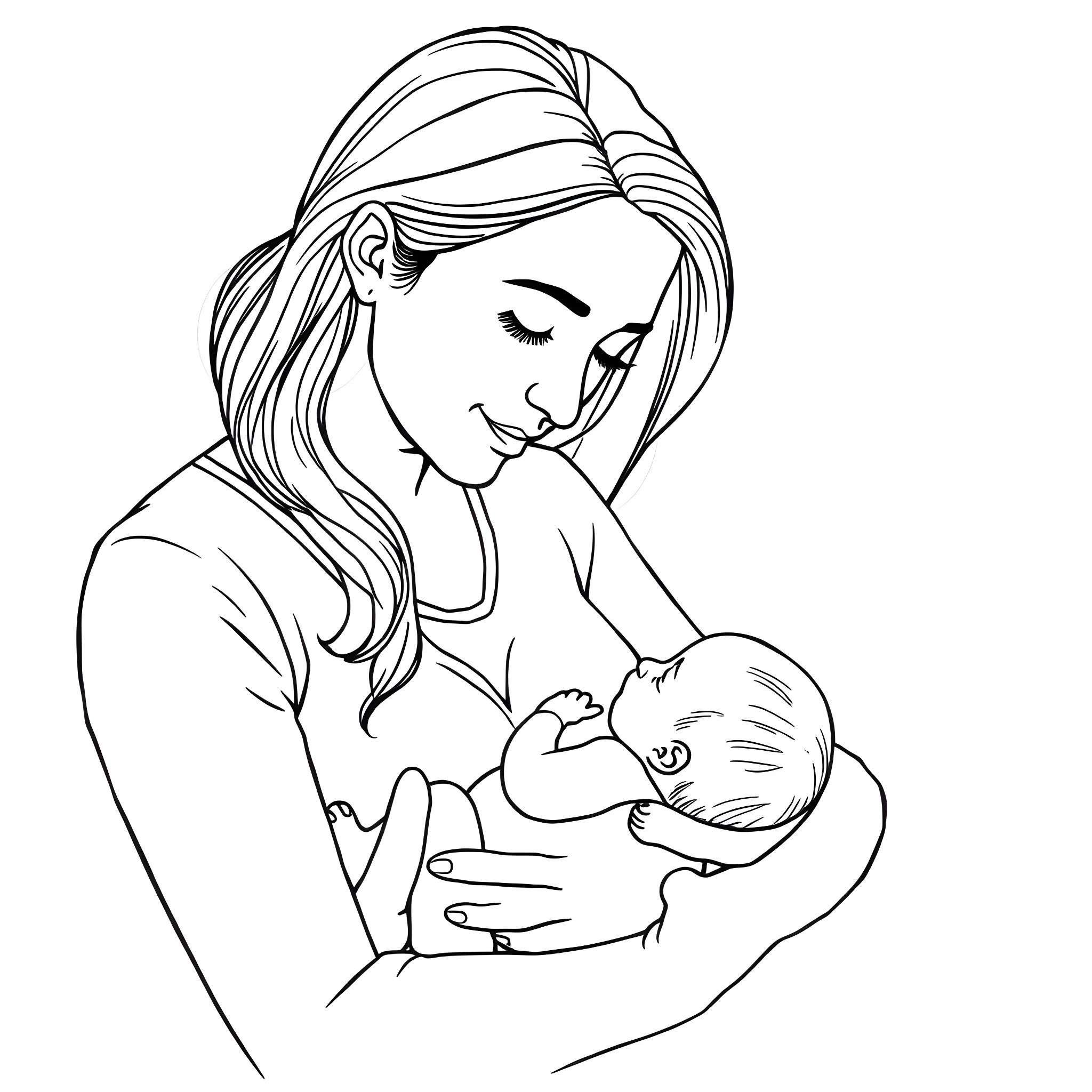 Mother tenderly holding and caring for her baby Coloring Page (free black-and-white line drawing printable PDF for all, from beginners to advanced learners, including children, teens, adults, and seniors)