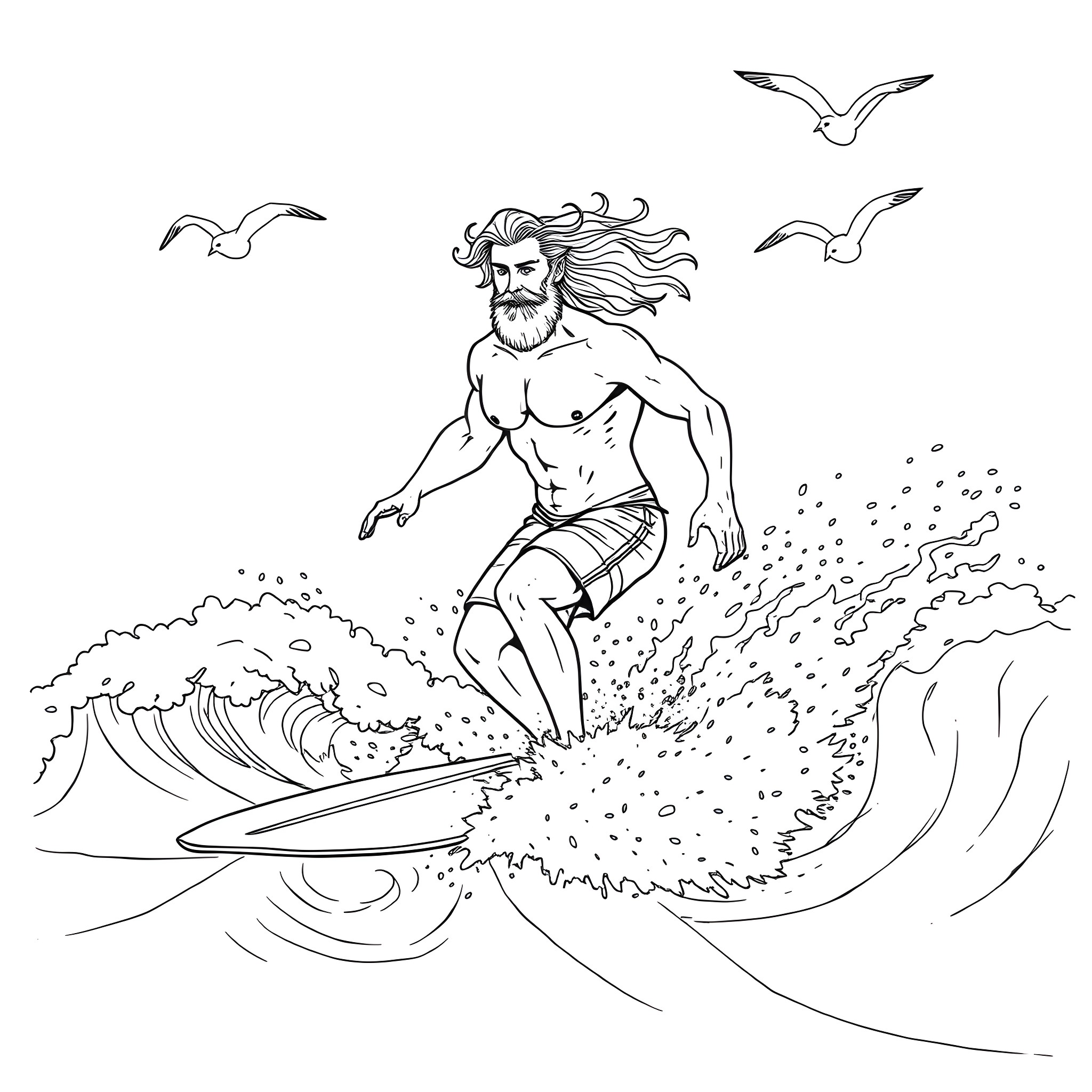 Man surfing on waves with seagulls Coloring Page (free black-and-white line drawing printable PDF for all, from beginners to advanced learners, including children, teens, adults, and seniors)