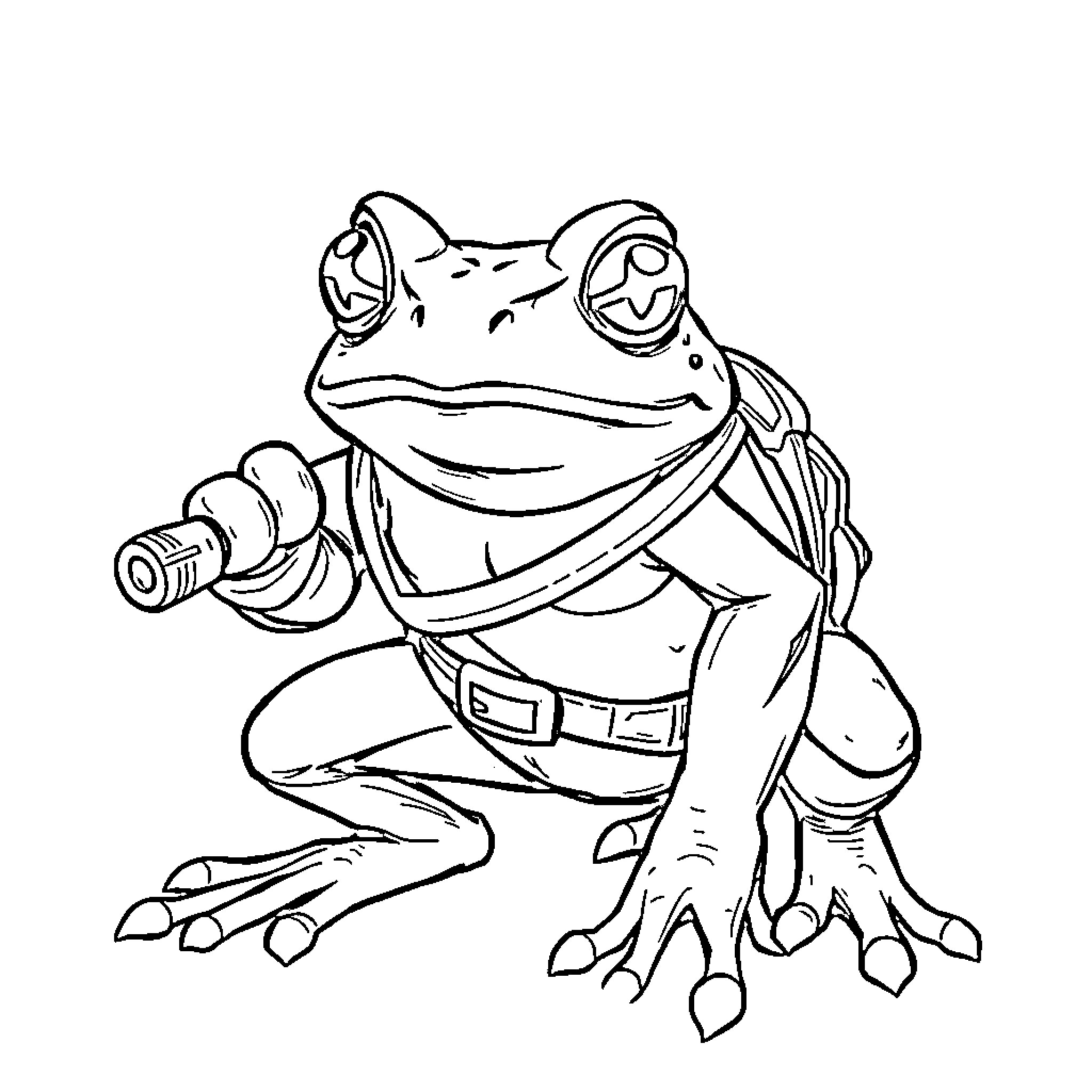 Coqui Frog with Binoculars on Adventure Coloring Page (free black-and-white line drawing printable PDF for all, from beginners to advanced learners, including children, teens, adults, and seniors)