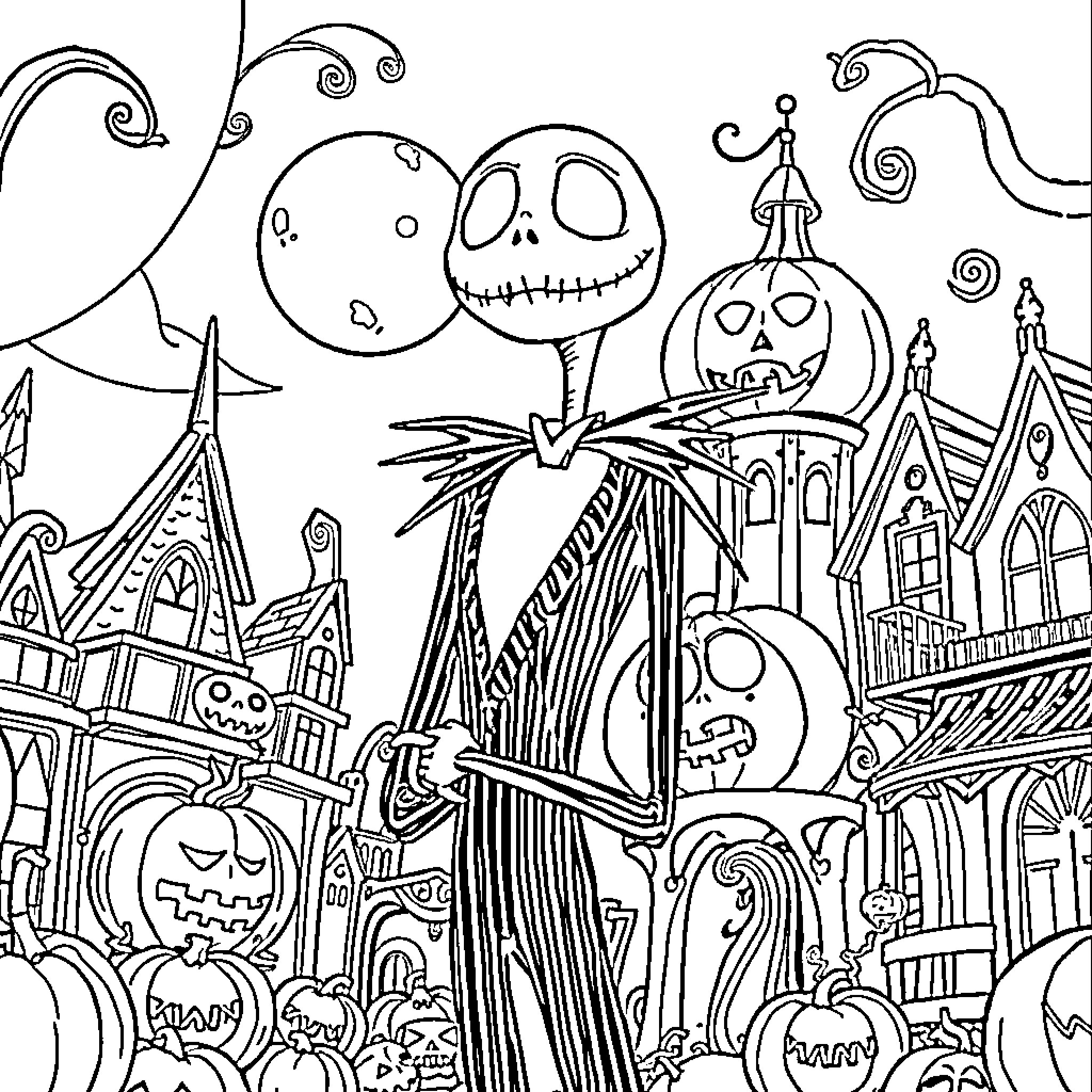 Jack Skellington in a spooky Halloween town Coloring Page (free black-and-white line drawing printable PDF for all, from beginners to advanced learners, including children, teens, adults, and seniors)