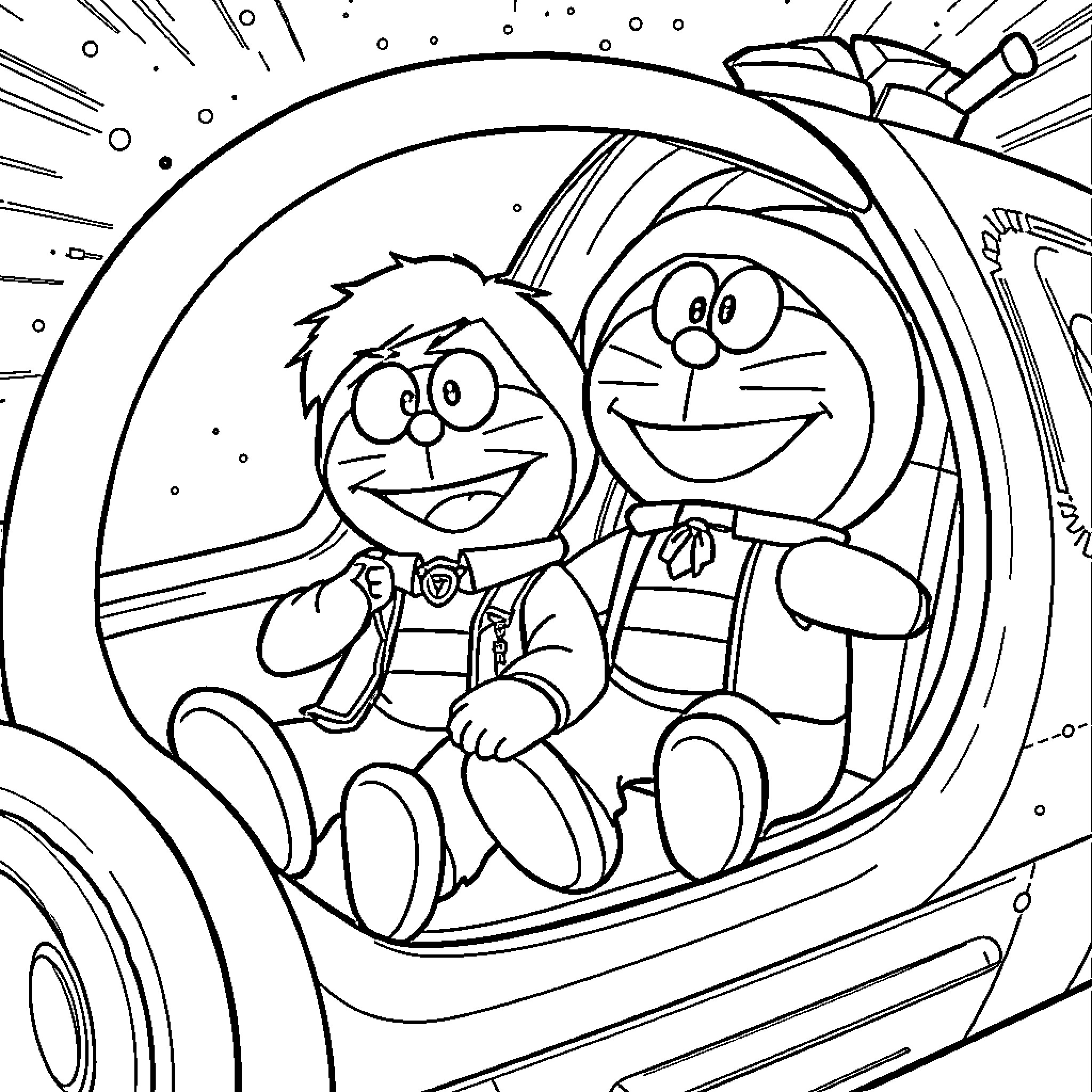 Marty McFly and Doraemon in a futuristic vehicle Coloring Page (free black-and-white line drawing printable PDF for all, from beginners to advanced learners, including children, teens, adults, and seniors)