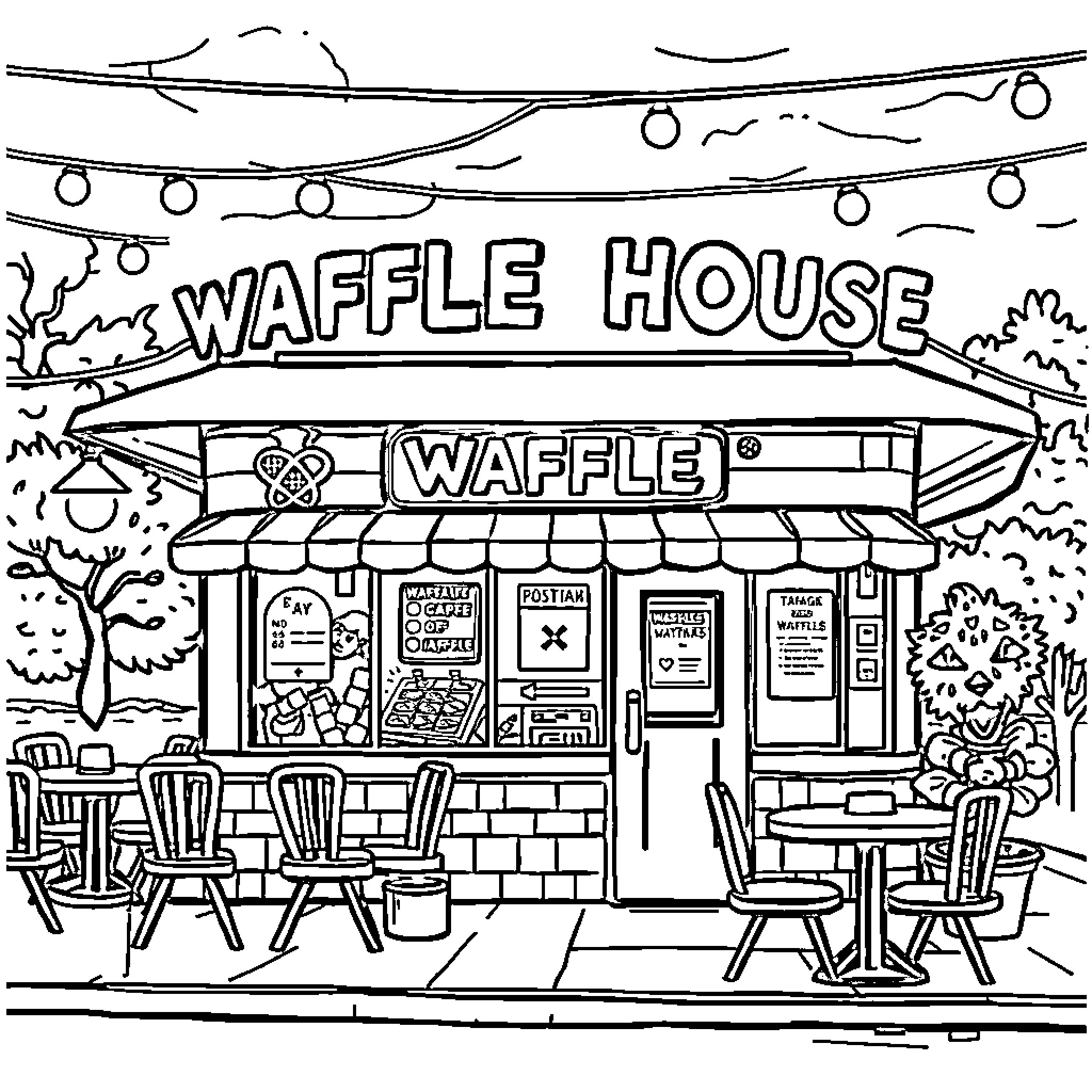 Waffle House with Outdoor Seating Coloring Page (free black-and-white line drawing printable PDF for all, from beginners to advanced learners, including children, teens, adults, and seniors)