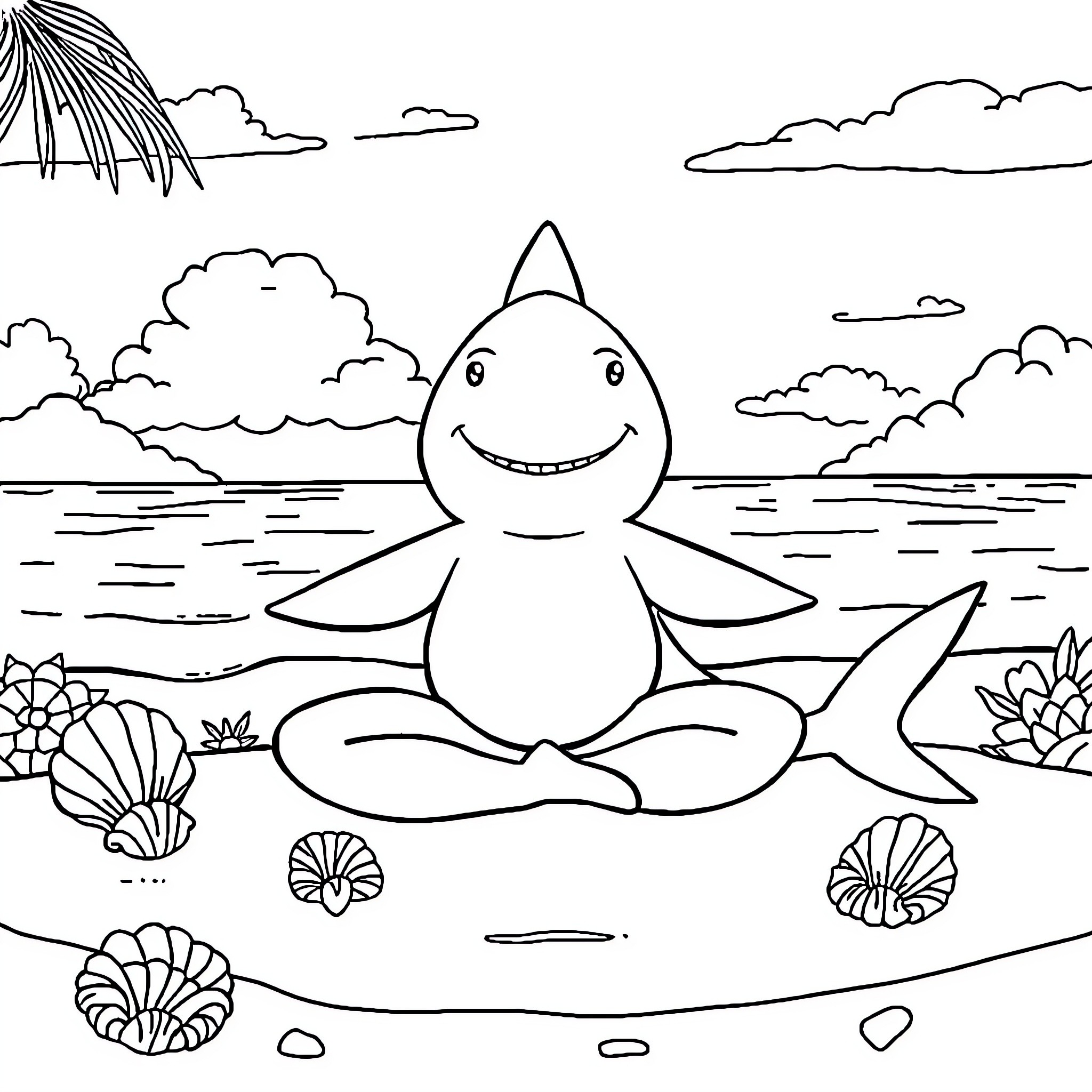 Shark meditating peacefully in underwater scenery Coloring Page (free black-and-white line drawing printable PDF for all, from beginners to advanced learners, including children, teens, adults, and seniors)